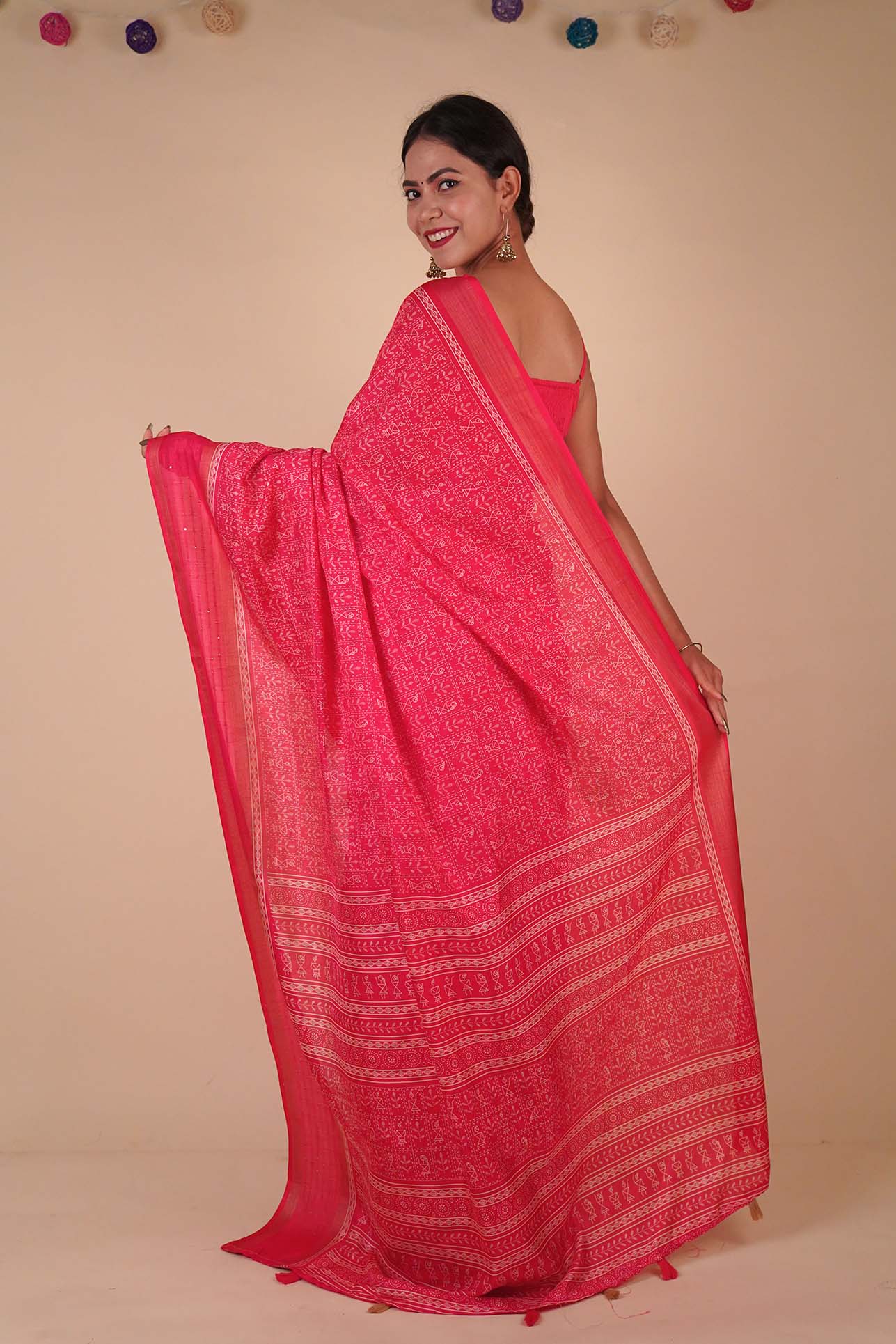 Ready to wear Dola Silk Over All Bastar Art Printed With sequence Border Wrap in 1 minute Saree with Readymade Blouse - Isadora Life