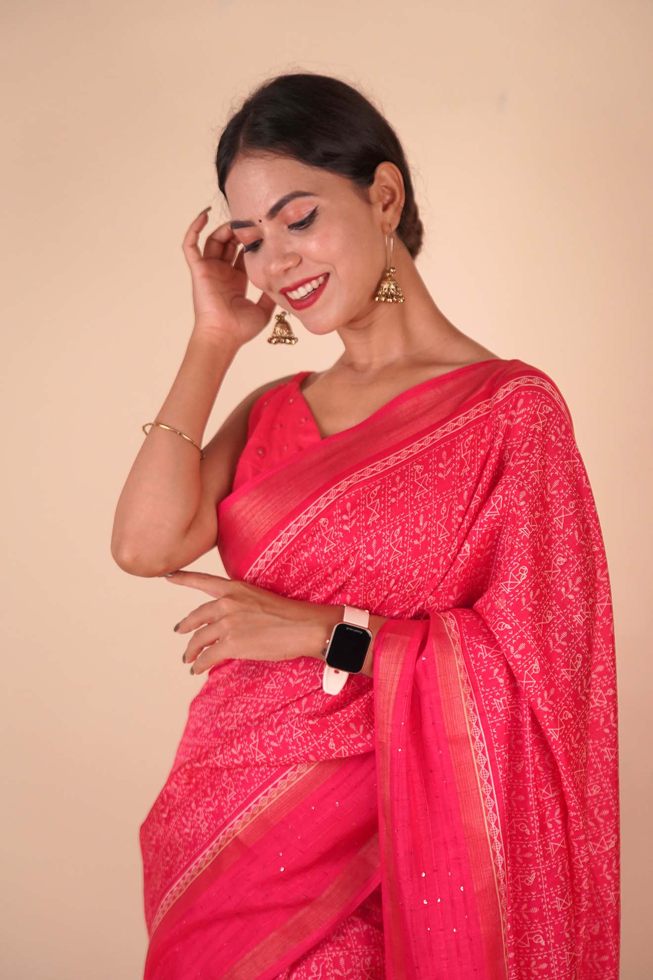 Ready to wear Dola Silk Over All Bastar Art Printed With sequence Border Wrap in 1 minute Saree with Readymade Blouse - Isadora Life