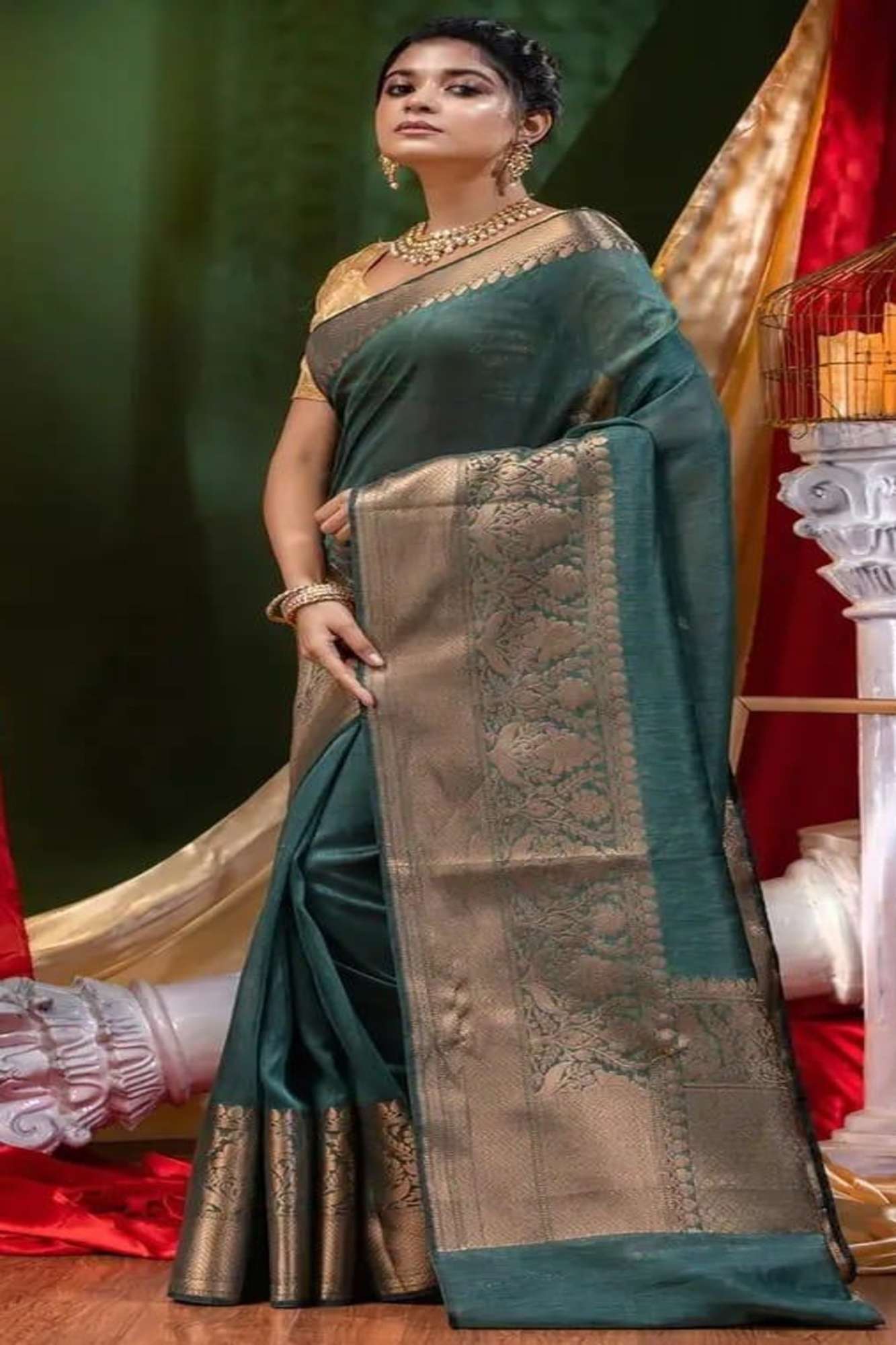 Dark Green Silk Linen Handloom with Jacquard Border Ready To Wear Saree