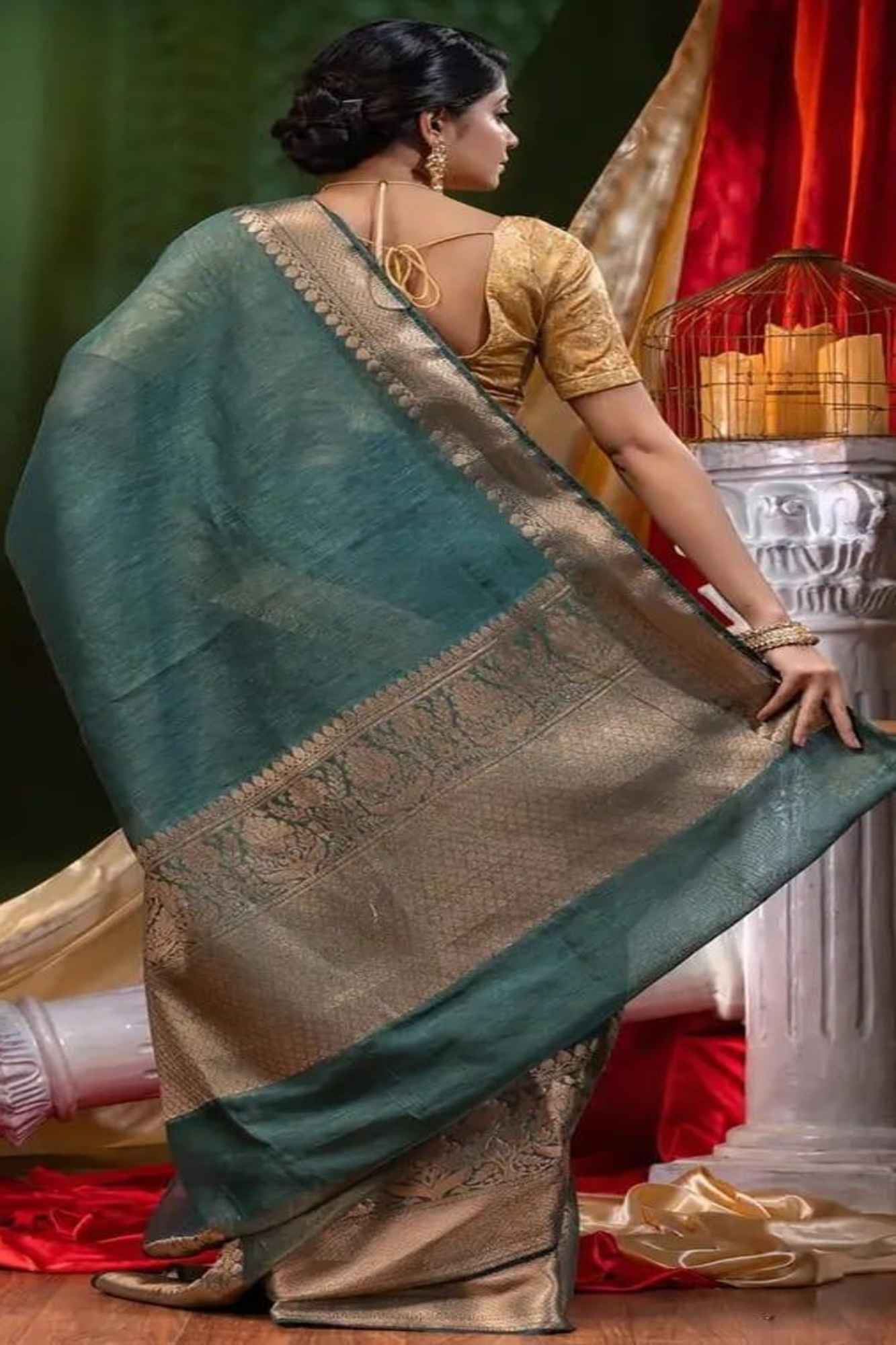 Dark Green Silk Linen Handloom with Jacquard Border Ready To Wear Saree