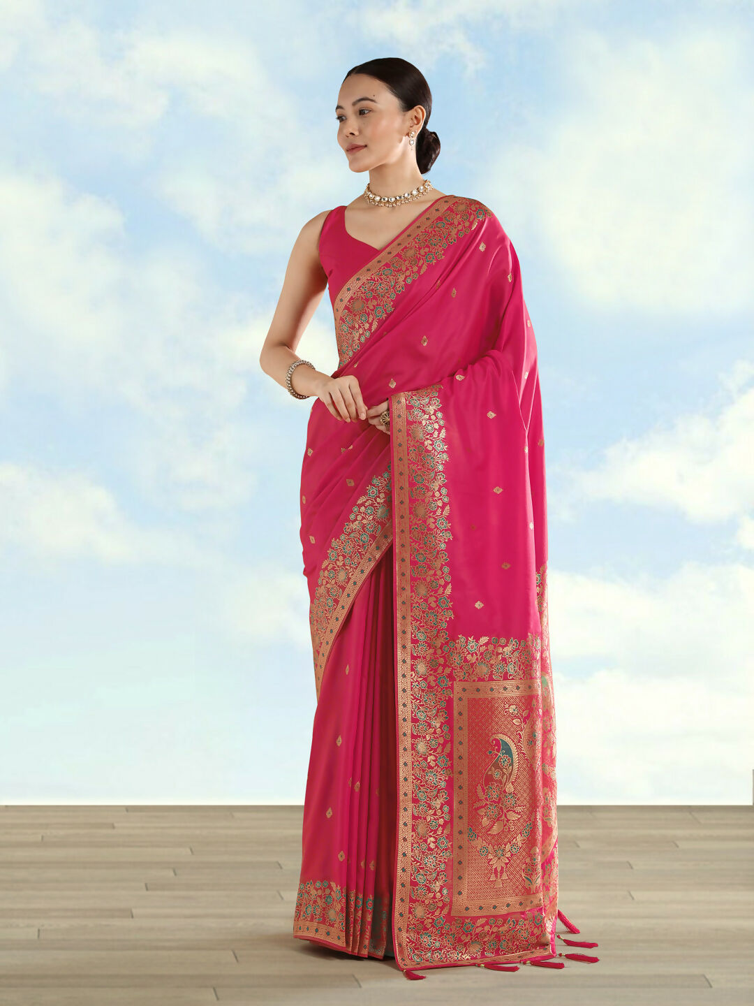 Rani Pink Semi Banarasi Satin silk Saree With Zari Border And Butti Work | Shobitam