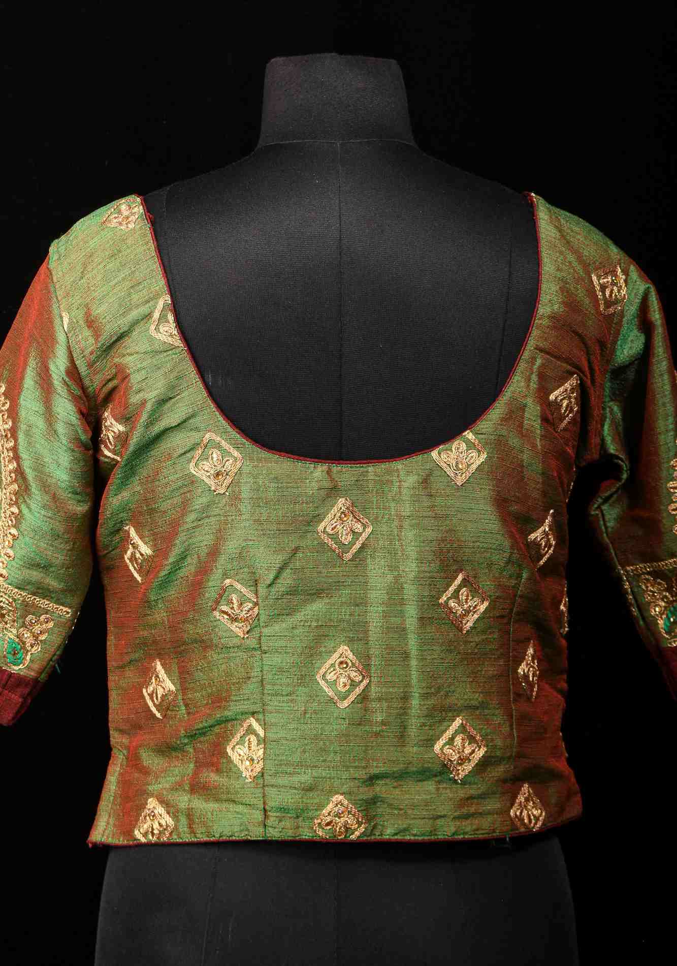 Readymade: Henna Green Semi Raw Silk Medium Length Jacket Blouse with Machine embroidery
