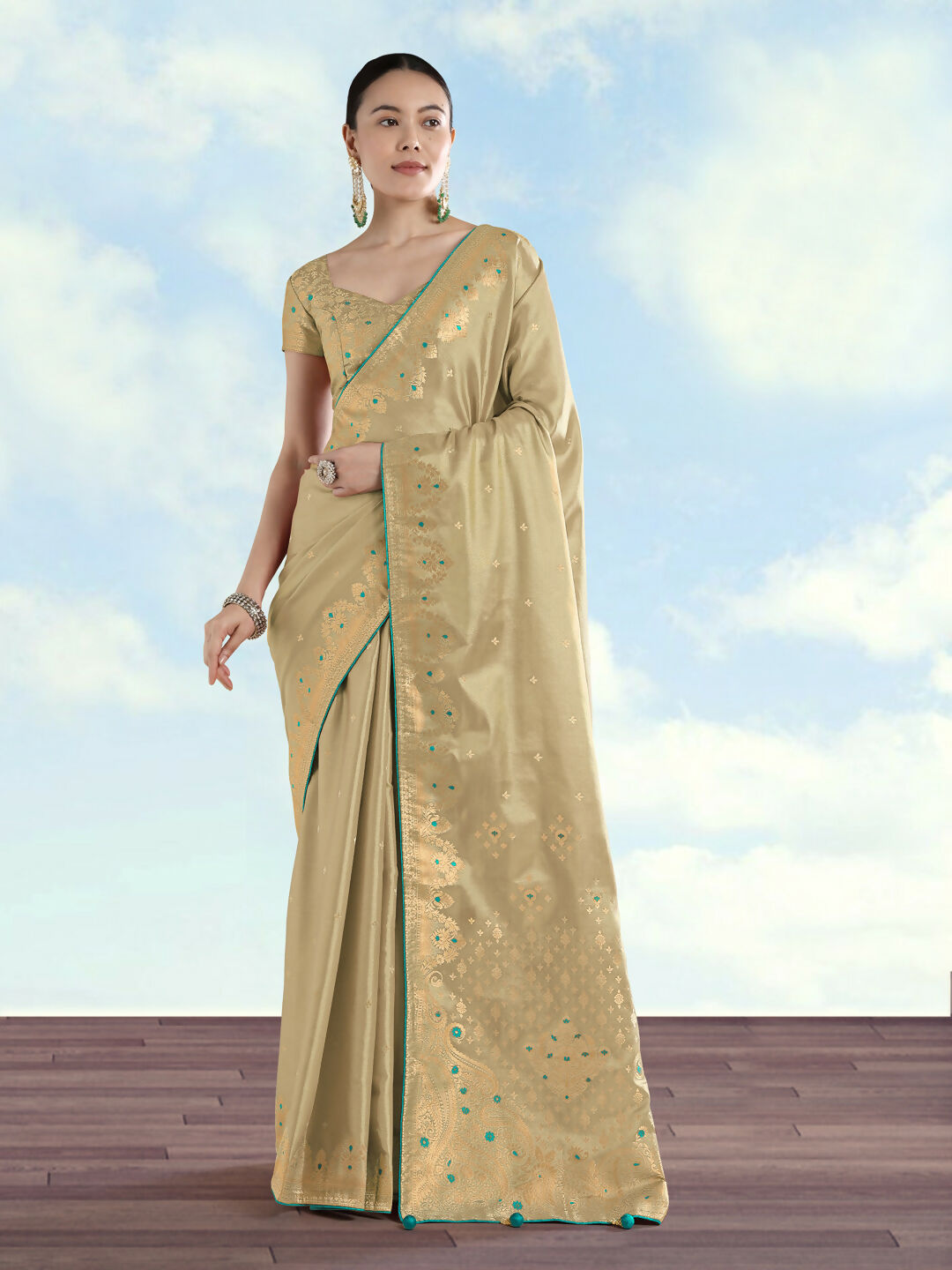 Cream Color Paisley Zari Woven Semi Banarasi Tissue Silk Saree | Shobitam