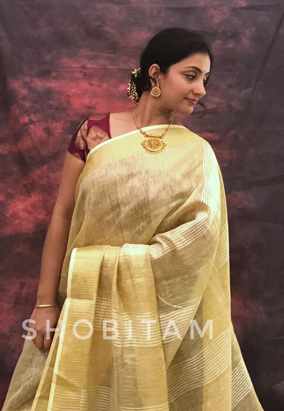 Gold Tissue Linen Saree | Shobitam