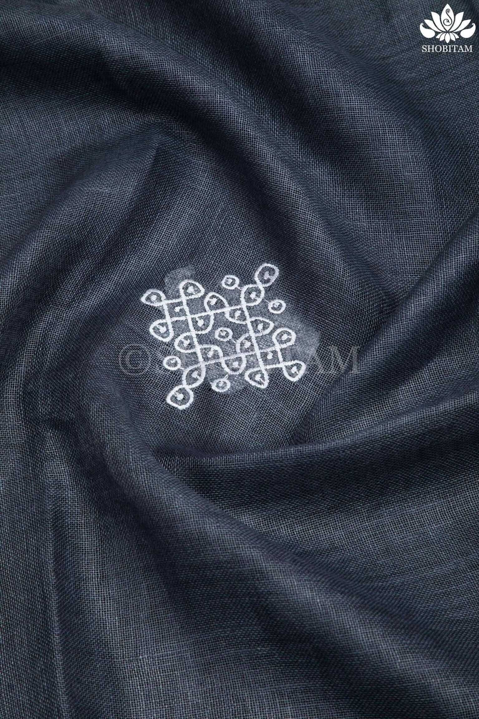 Kolam Linen embroidery Saree in Charcoal Gray and Green | Linen by Linen Saree I Rangoli Saree | Shobitam