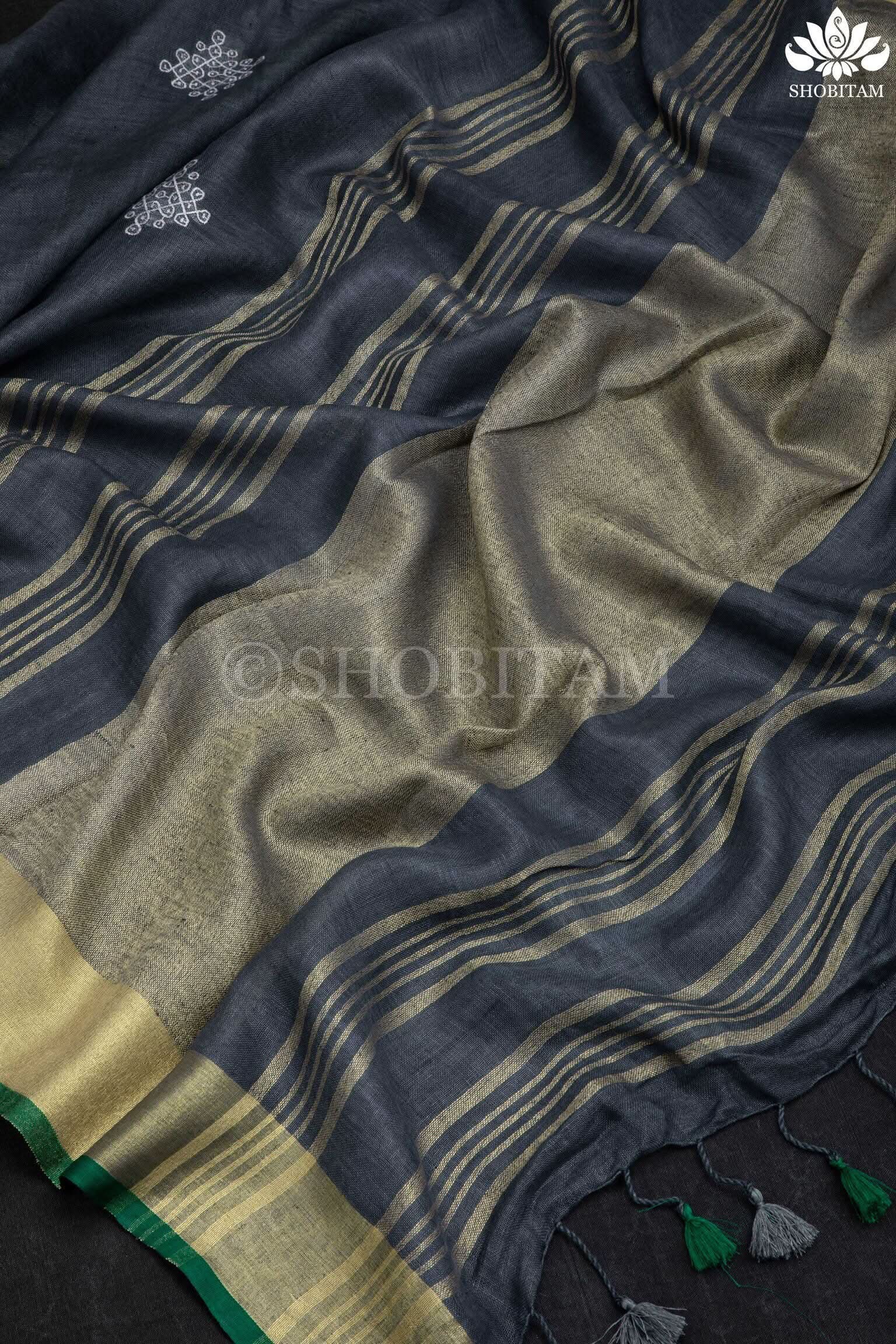Kolam Linen embroidery Saree in Charcoal Gray and Green | Linen by Linen Saree I Rangoli Saree | Shobitam