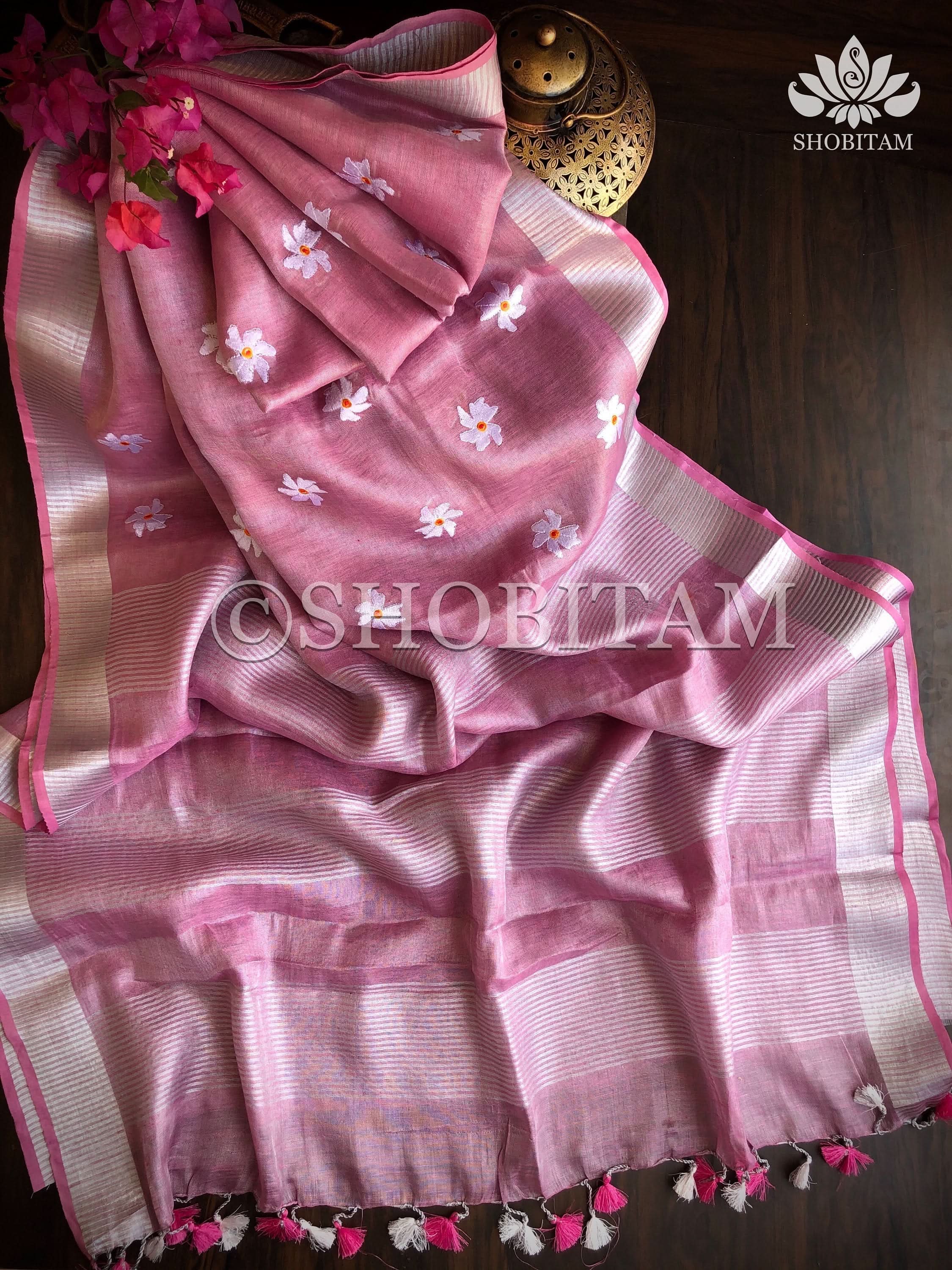 Pink Tissue Linen Saree with Parijaat Flower Embroidery | Shobitam Saree
