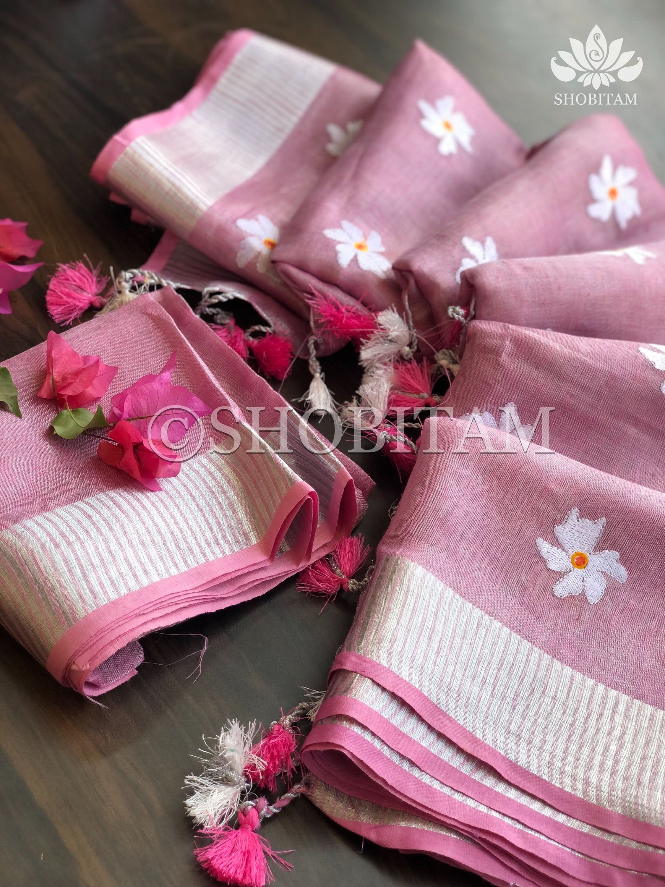 Pink Tissue Linen Saree with Parijaat Flower Embroidery | Shobitam Saree