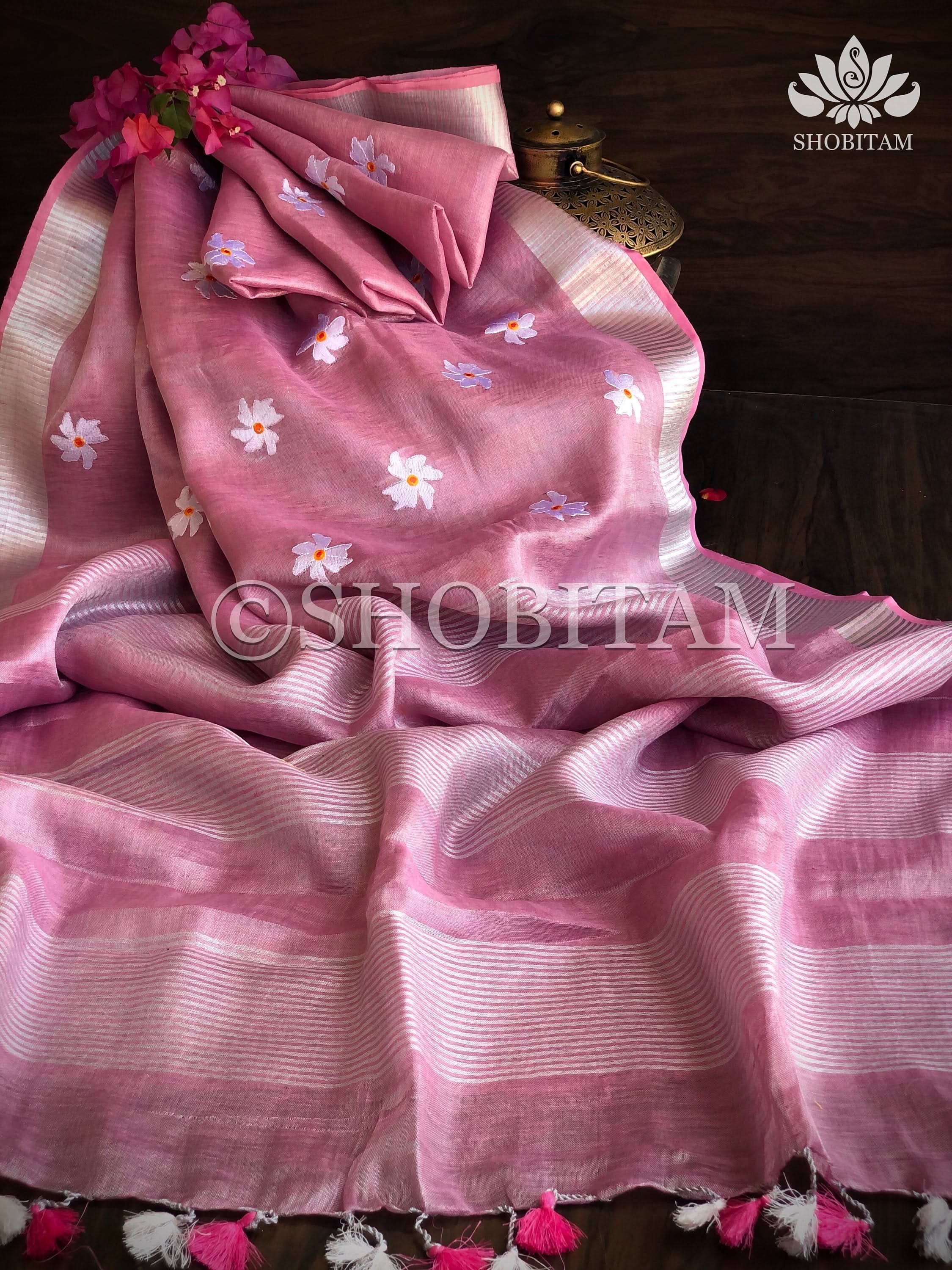 Pink Tissue Linen Saree with Parijaat Flower Embroidery | Shobitam Saree