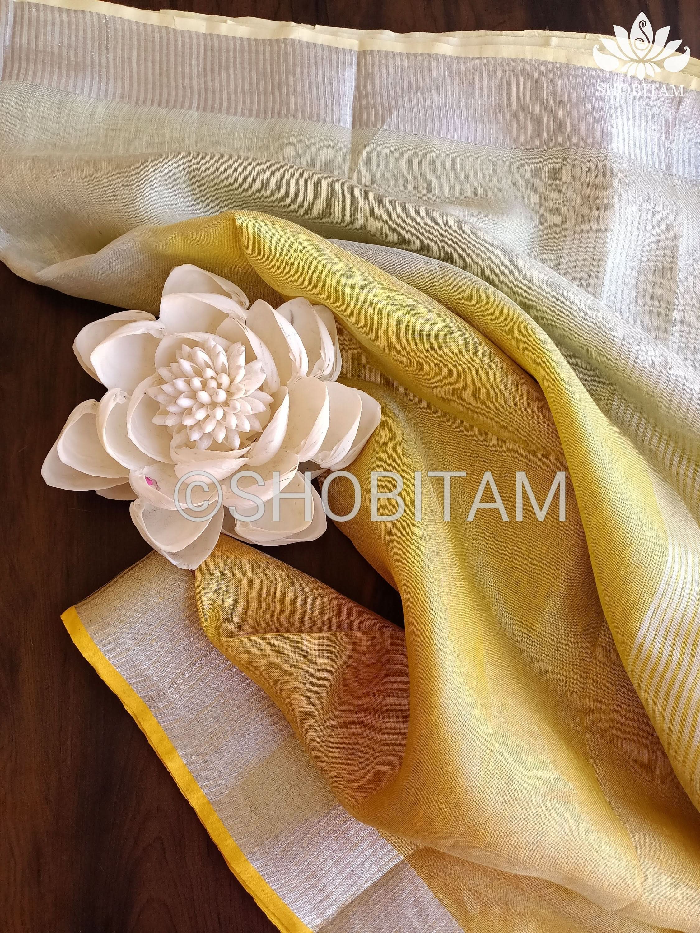 Ombre Yellow and Silver Tissue Linen Saree | Shobitam Saree