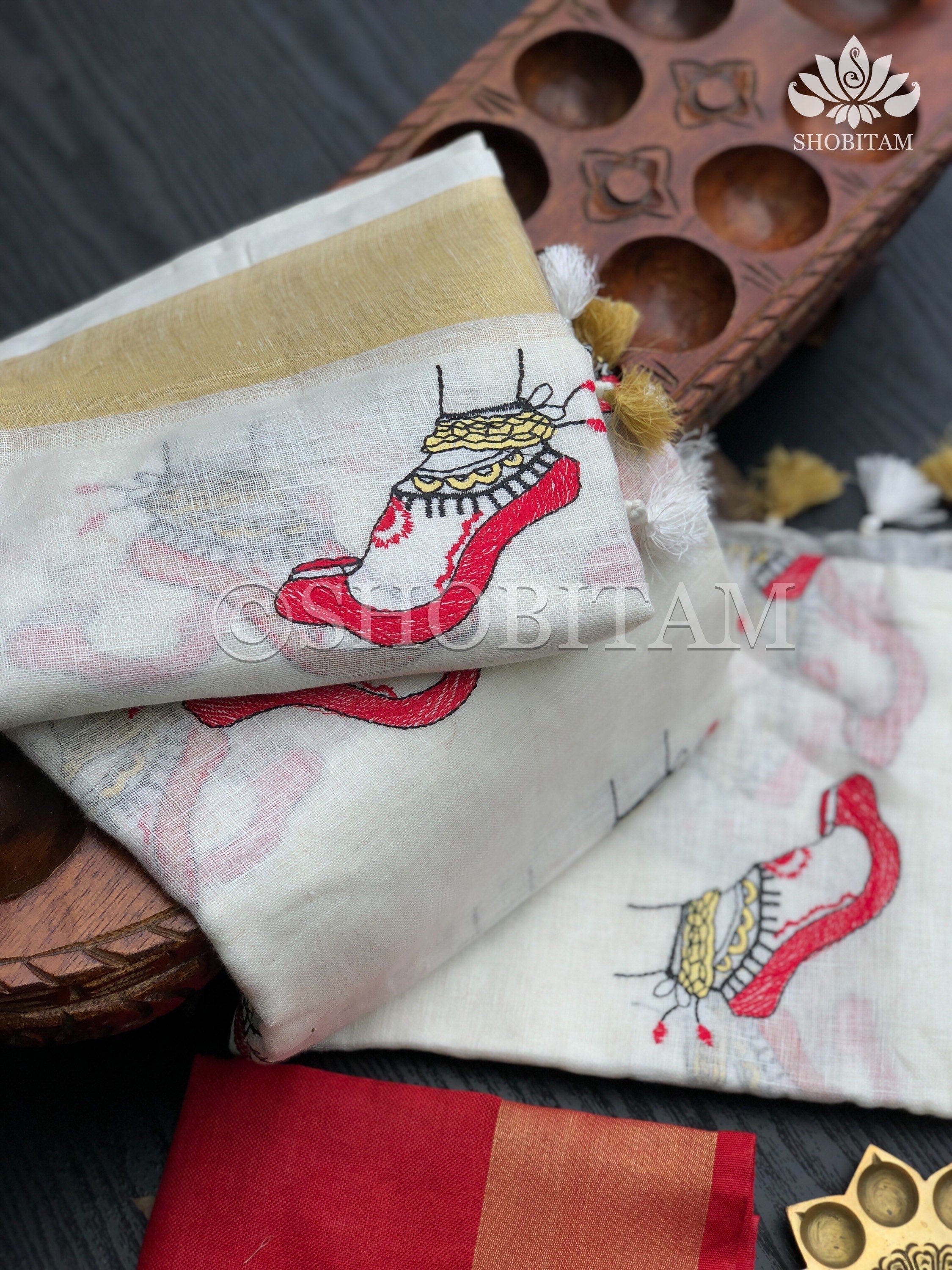 Linen Saree - Dancer’s feet embroidery saree | Organic Linen by Linen Saree | Shobitam saree