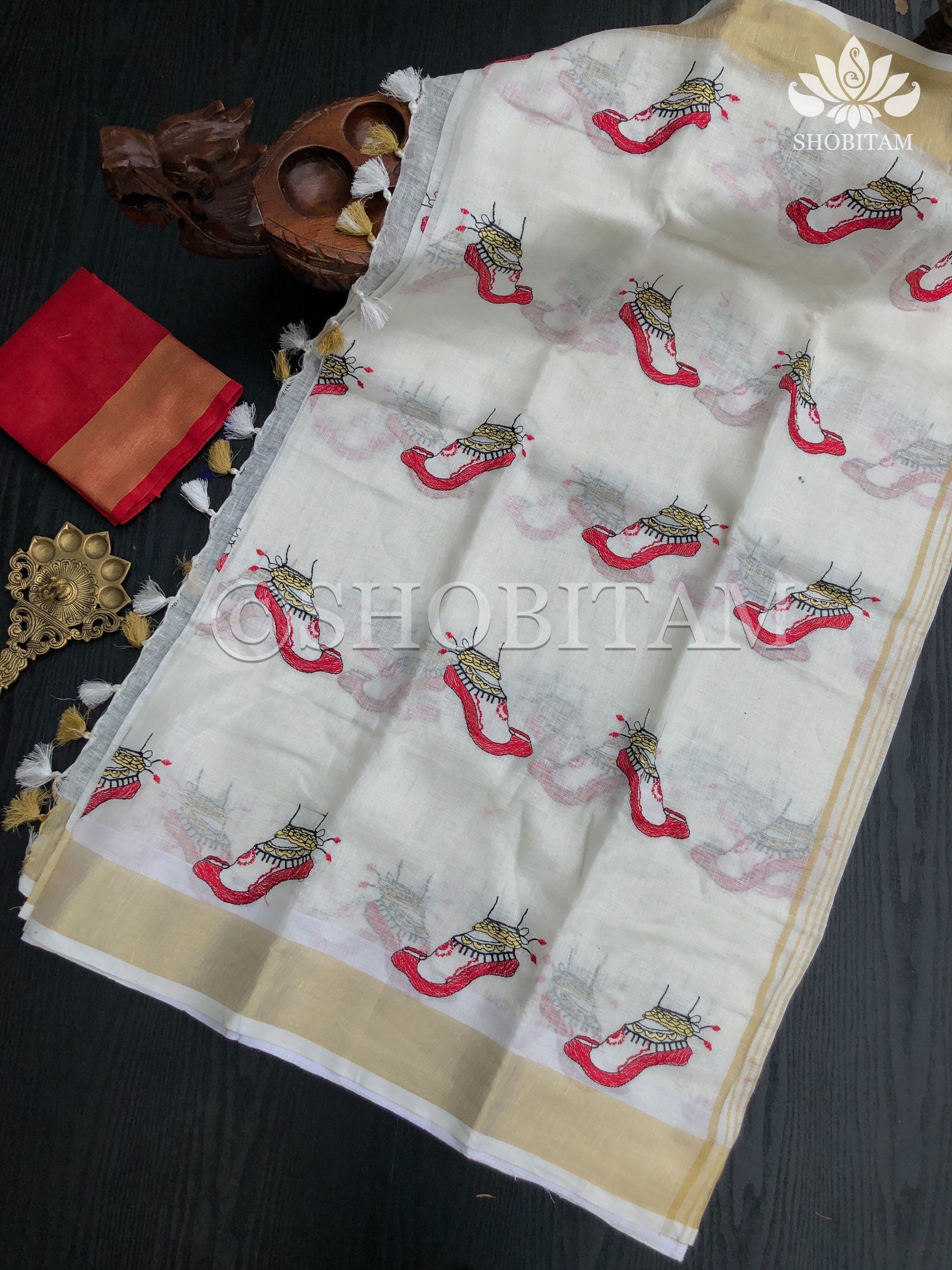 Linen Saree - Dancer’s feet embroidery saree | Organic Linen by Linen Saree | Shobitam saree