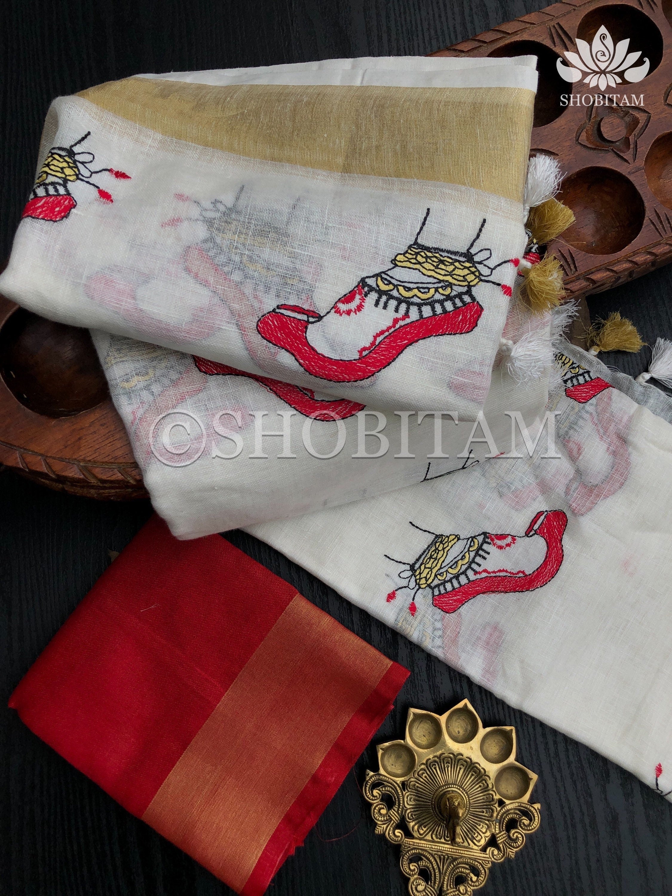 Linen Saree - Dancer’s feet embroidery saree | Organic Linen by Linen Saree | Shobitam saree