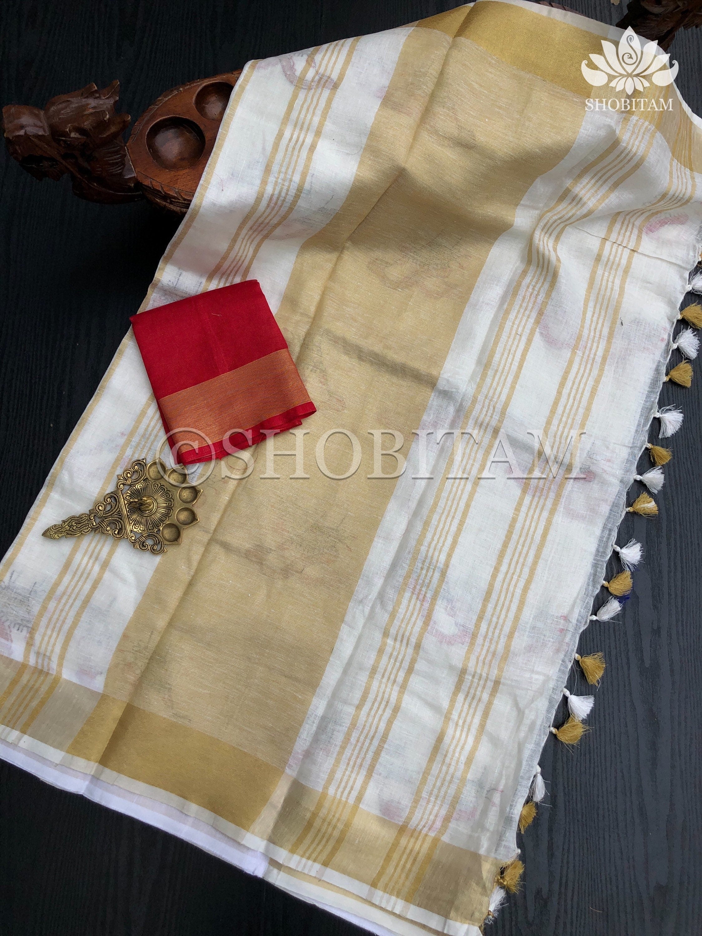 Linen Saree - Dancer’s feet embroidery saree | Organic Linen by Linen Saree | Shobitam saree
