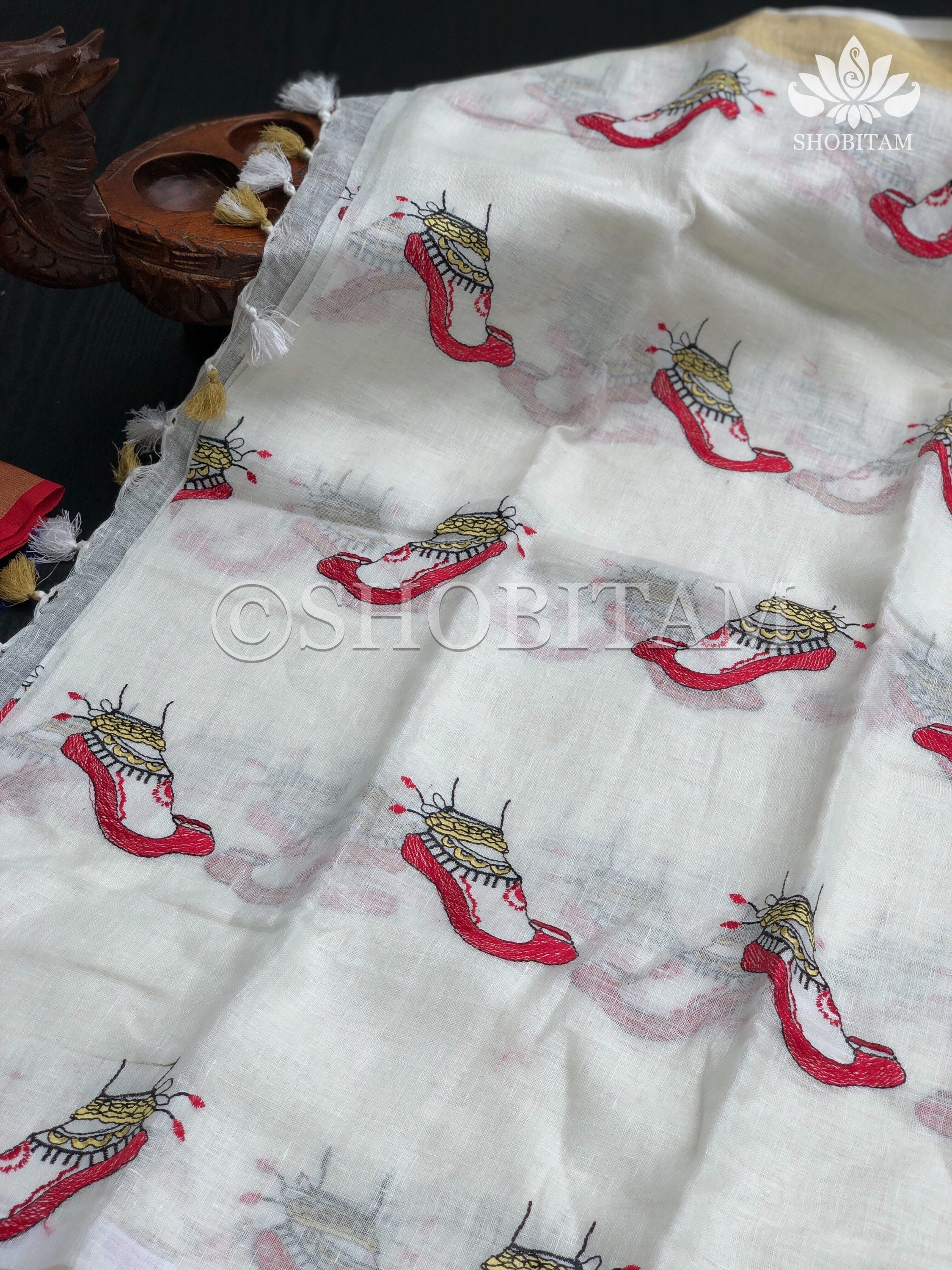 Linen Saree - Dancer’s feet embroidery saree | Organic Linen by Linen Saree | Shobitam saree