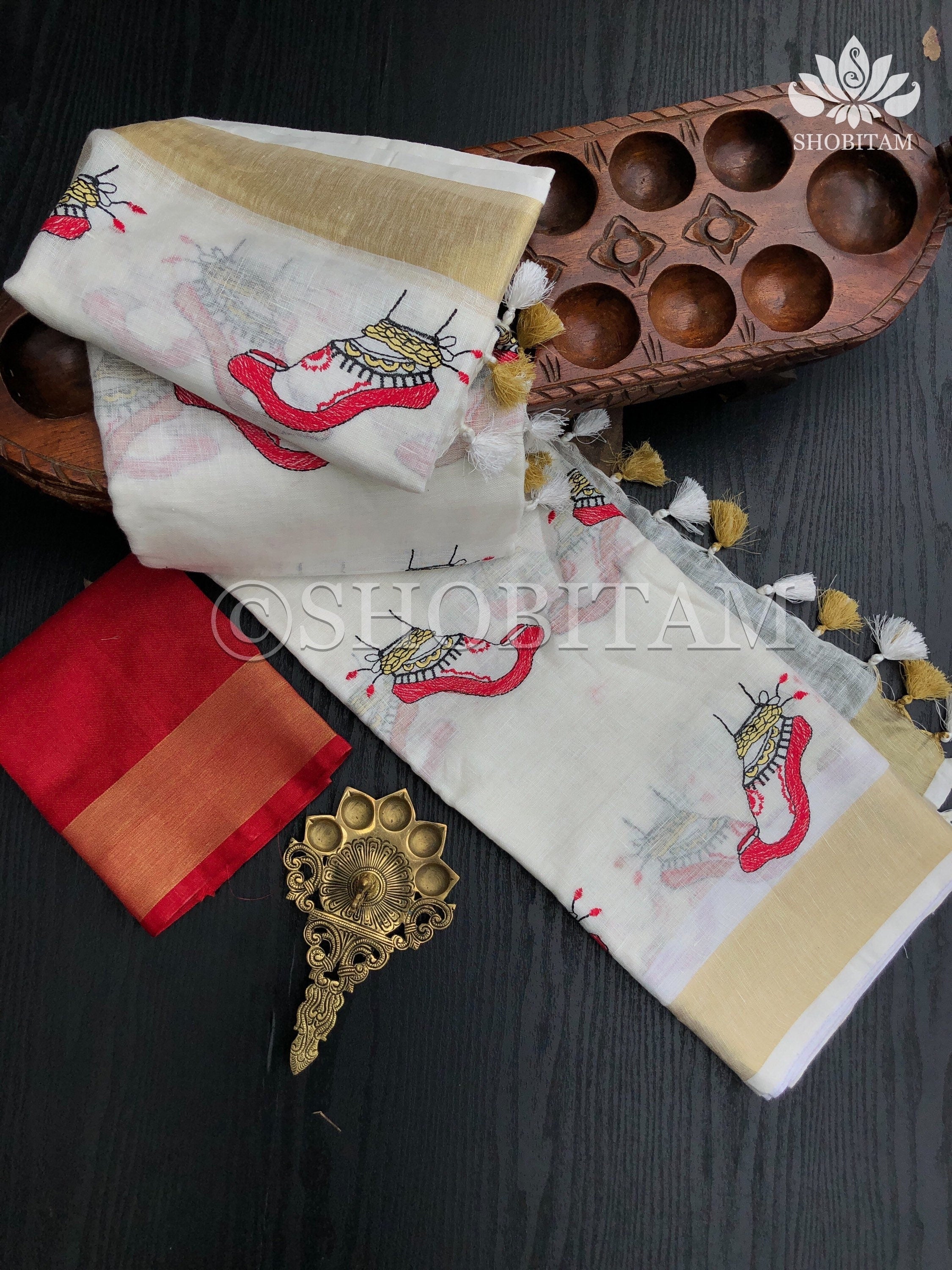 Linen Saree - Dancer’s feet embroidery saree | Organic Linen by Linen Saree | Shobitam saree