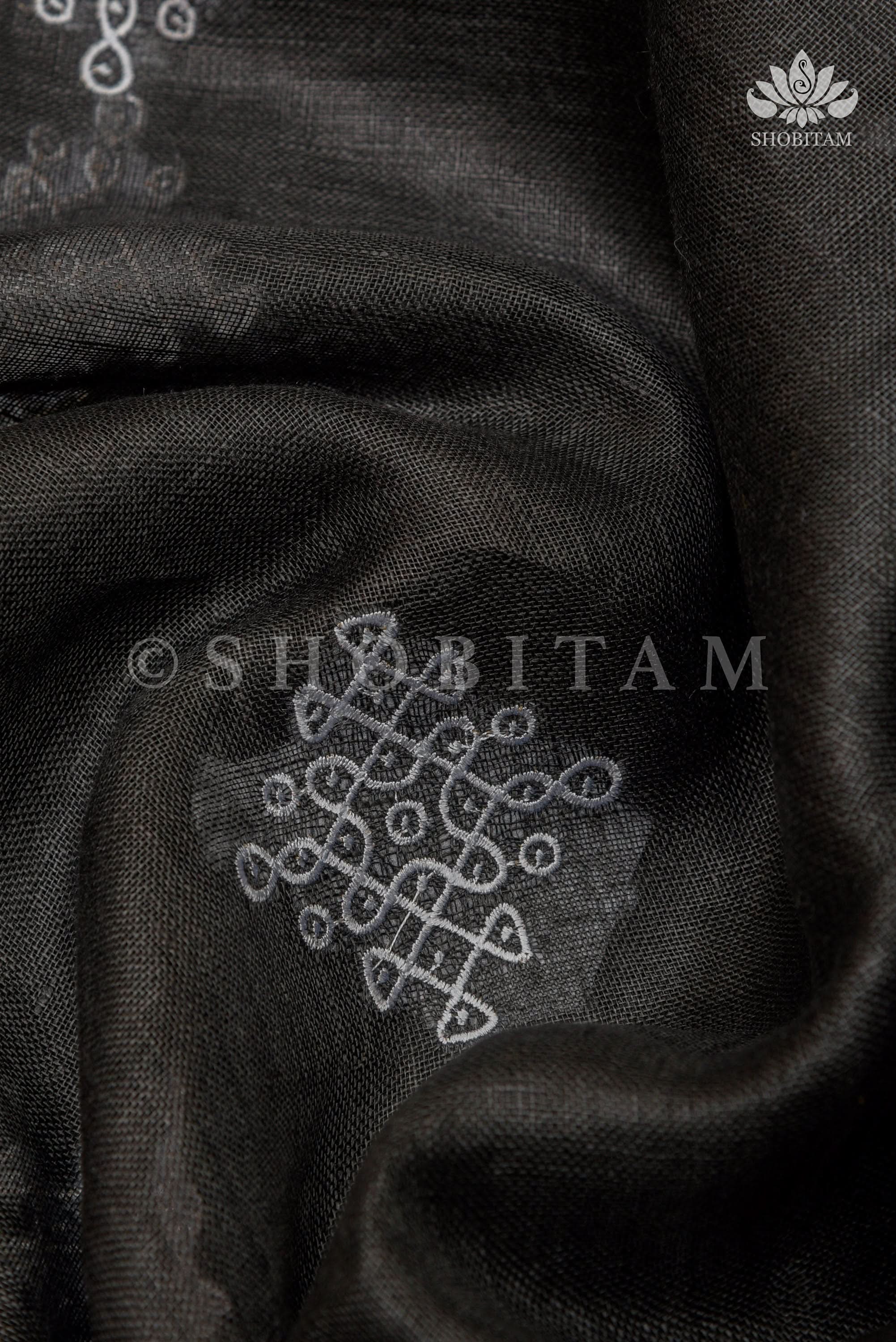 Black Linen by Linen Saree with Rangoli Embroidery | Shobitam