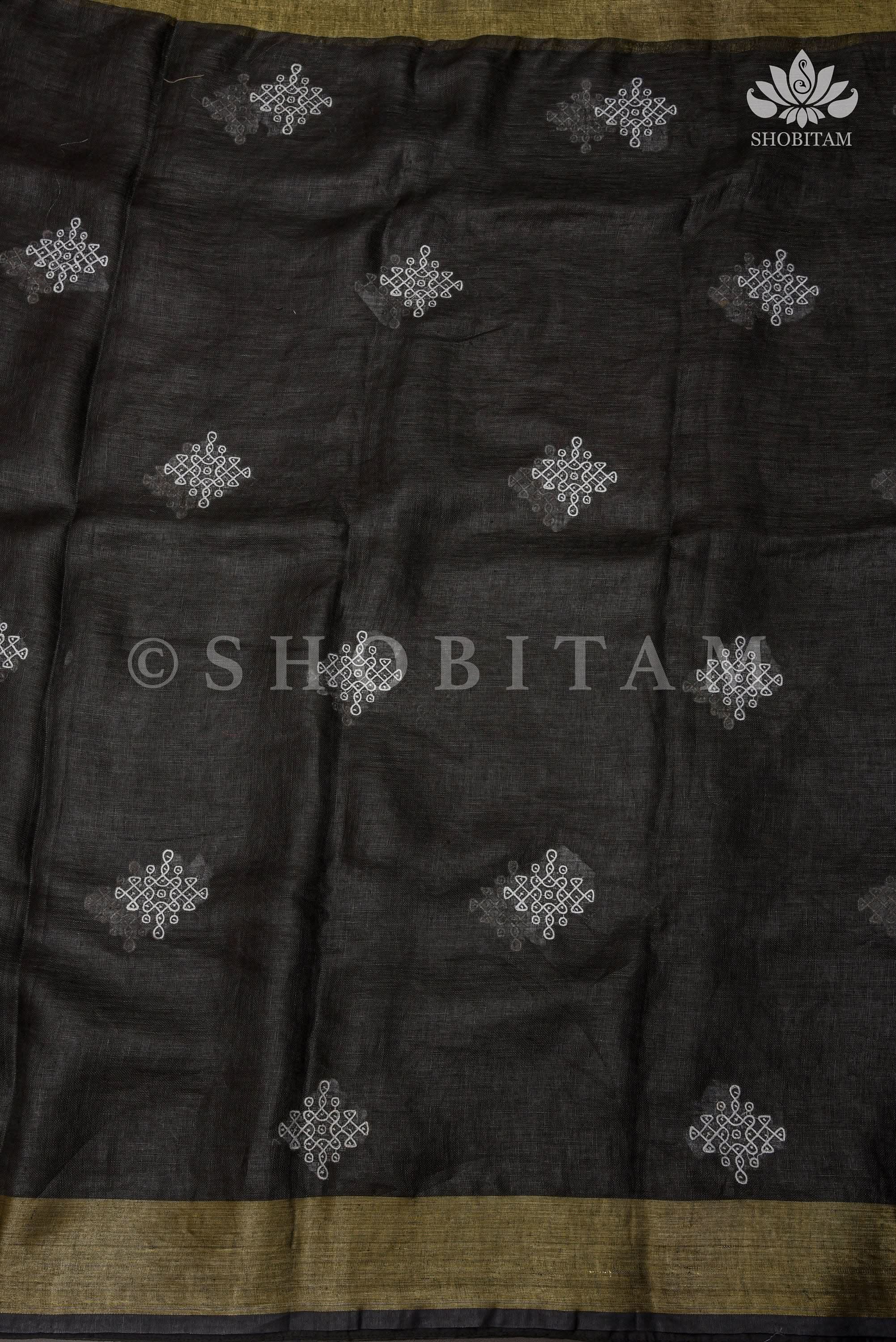 Black Linen by Linen Saree with Rangoli Embroidery | Shobitam