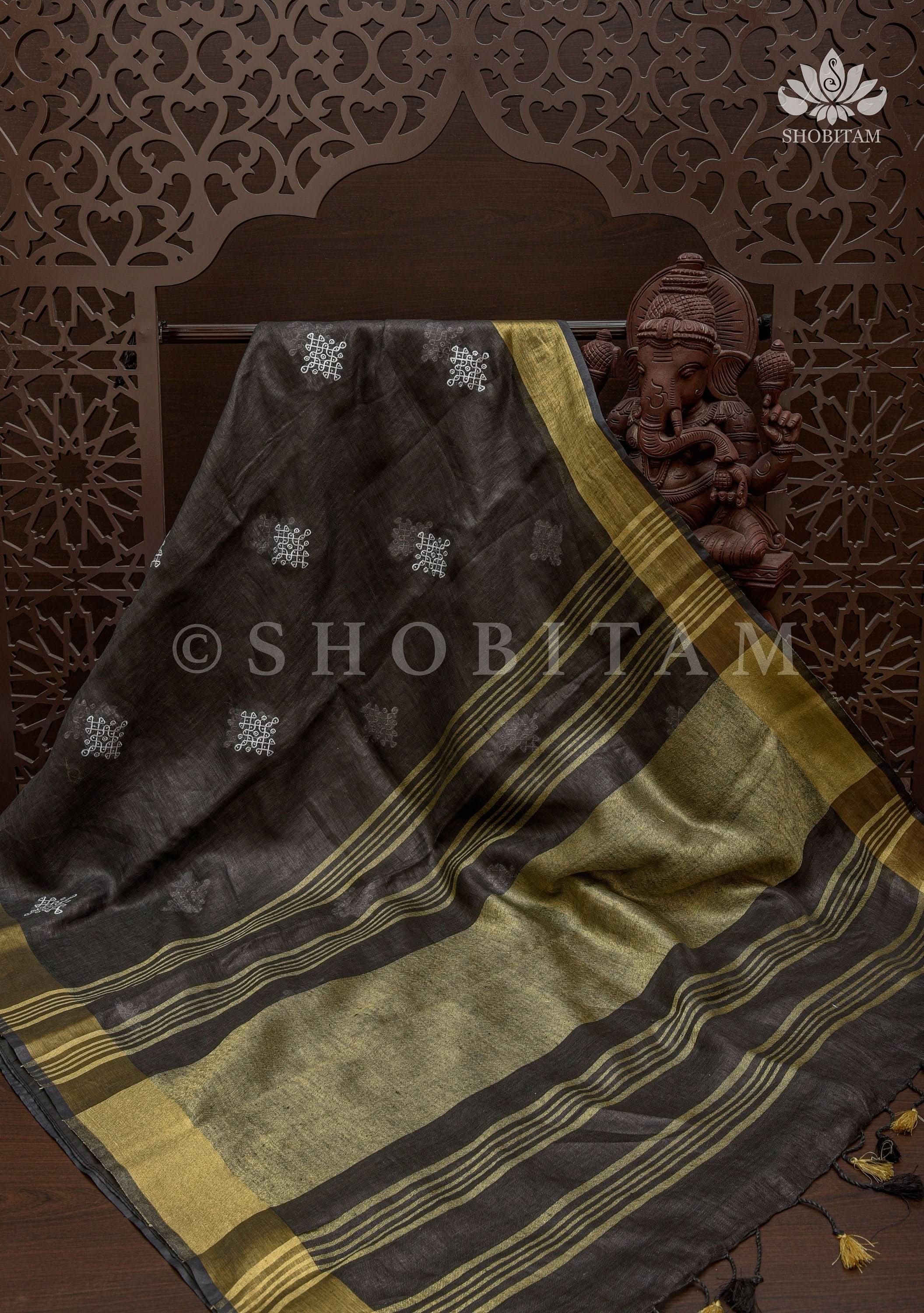 Black Linen by Linen Saree with Rangoli Embroidery | Shobitam