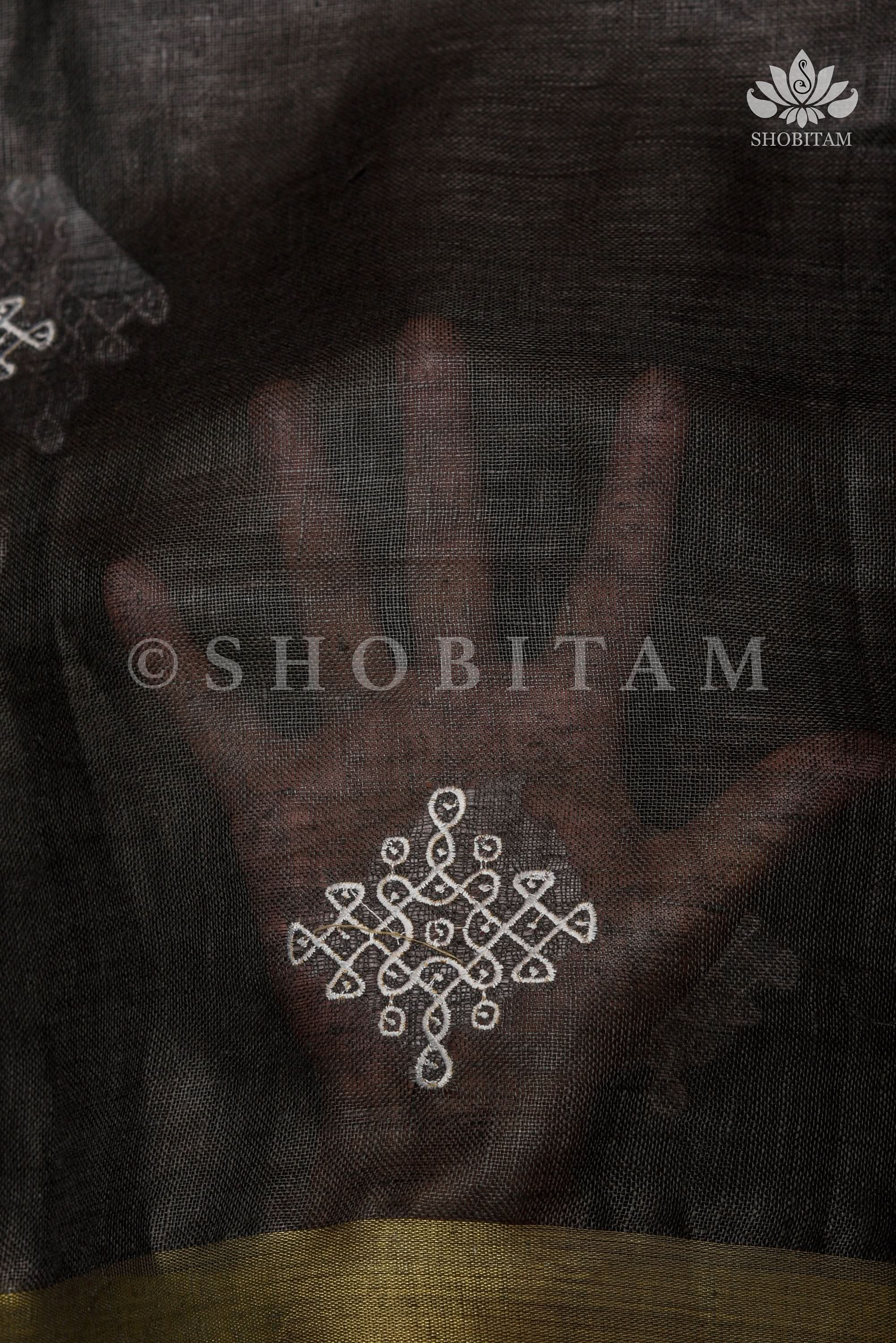 Black Linen by Linen Saree with Rangoli Embroidery | Shobitam