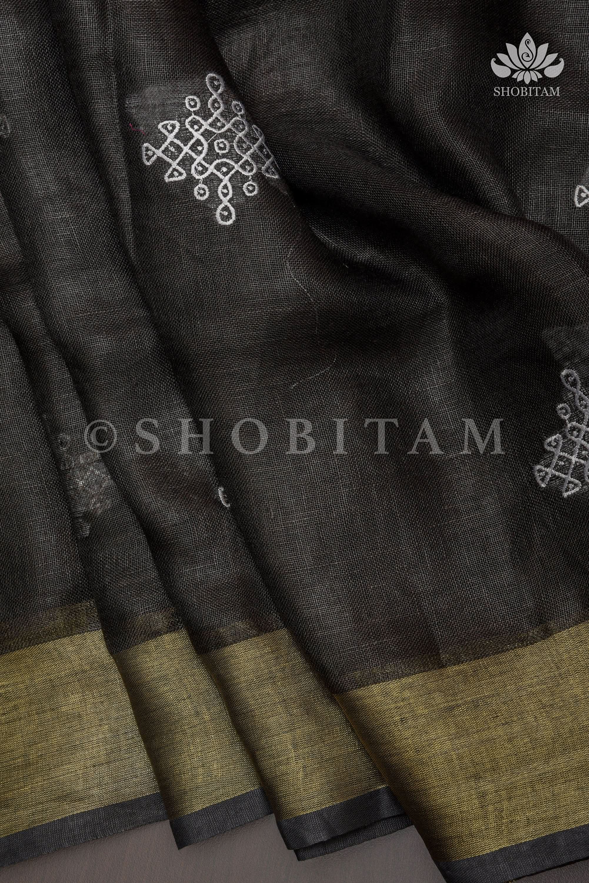 Black Linen by Linen Saree with Rangoli Embroidery | Shobitam