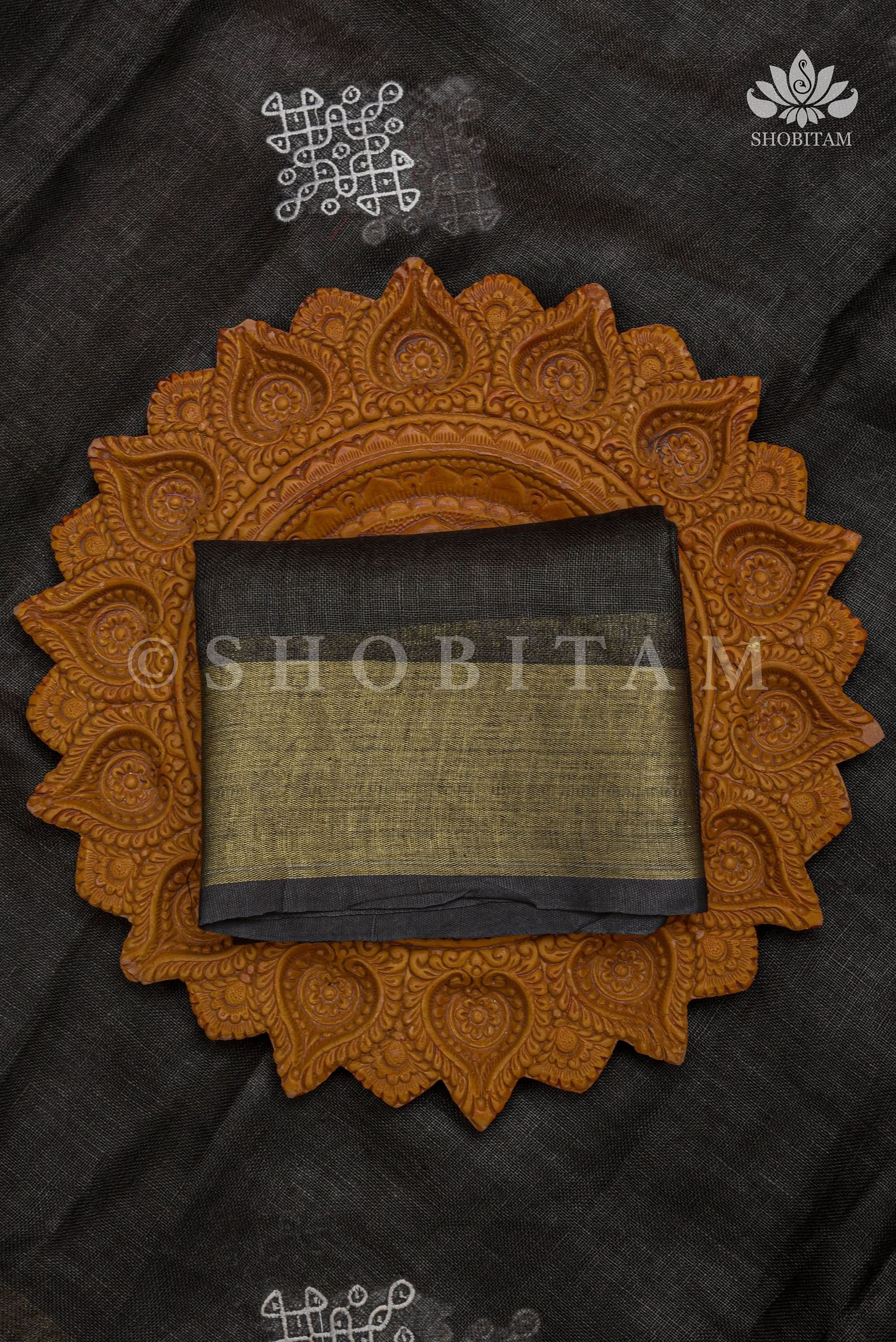 Black Linen by Linen Saree with Rangoli Embroidery | Shobitam