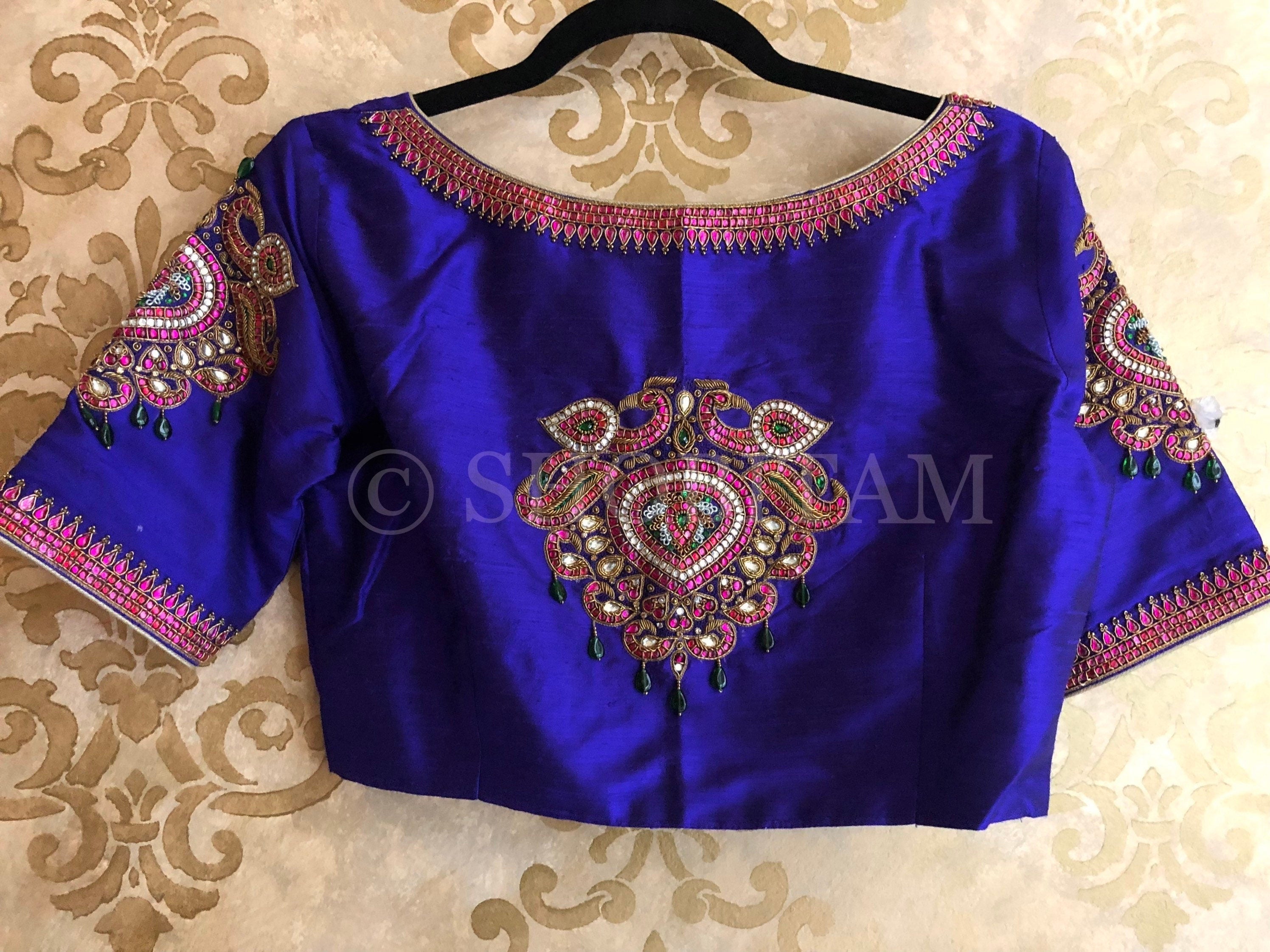 Made to Order: Temple Jewelry Style Jadau Blouse in Purple | Shobitam Blouse