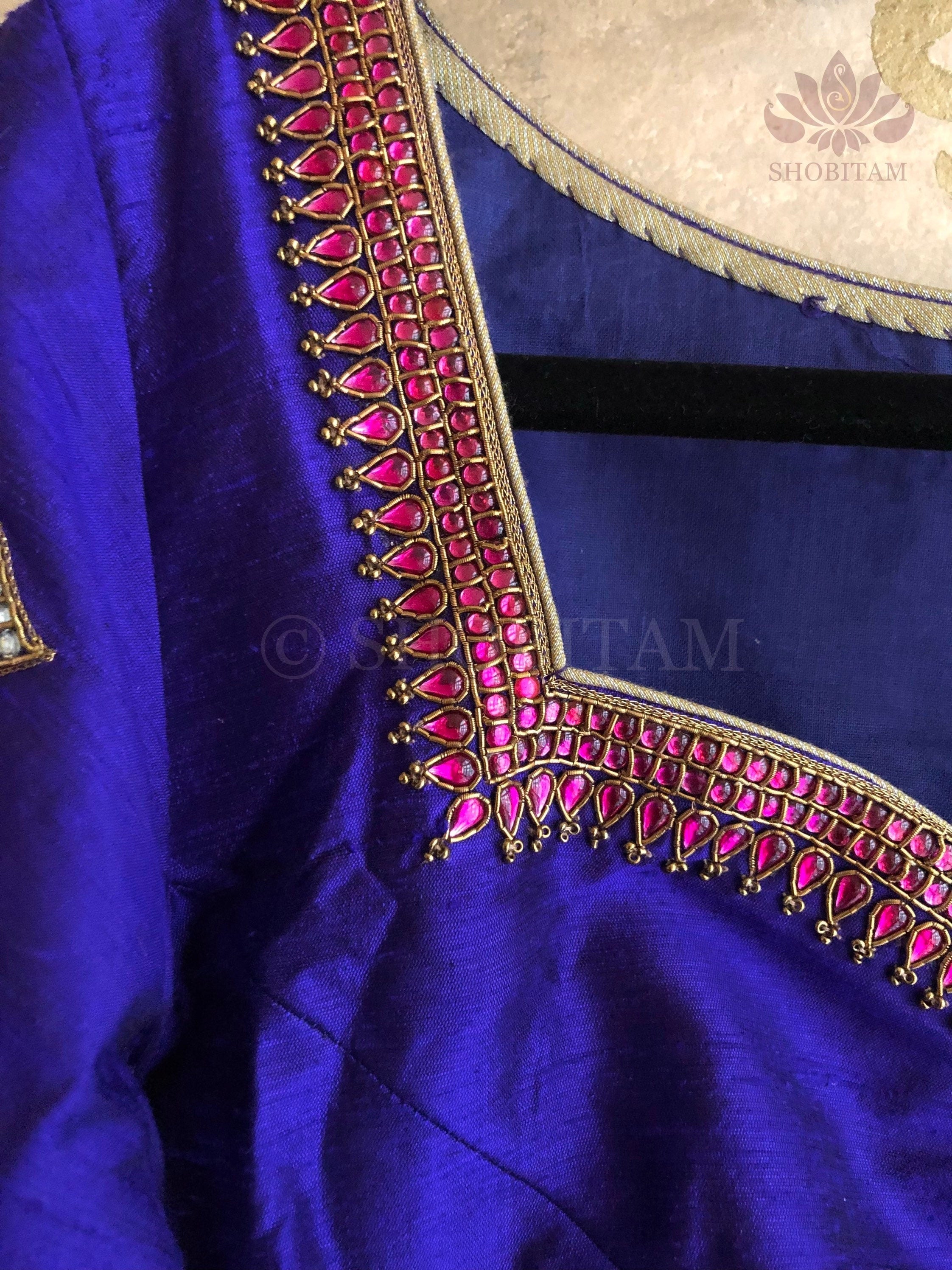 Made to Order: Temple Jewelry Style Jadau Blouse in Purple | Shobitam Blouse