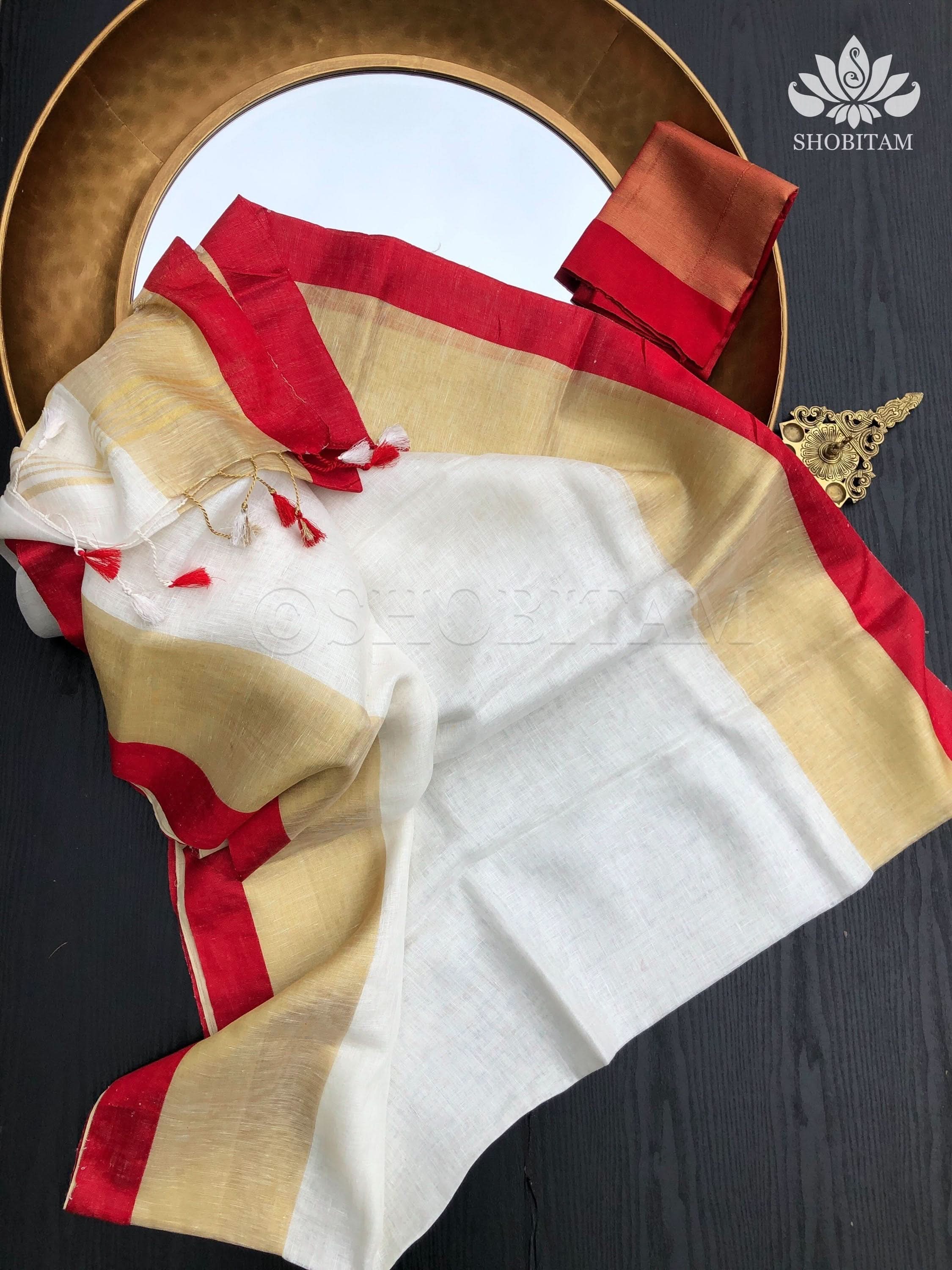 Lovely Wide Border Linen Saree in Ivory and Red with Gold Zari | Lal Paar Saree I White and Red Saree | Shobitam