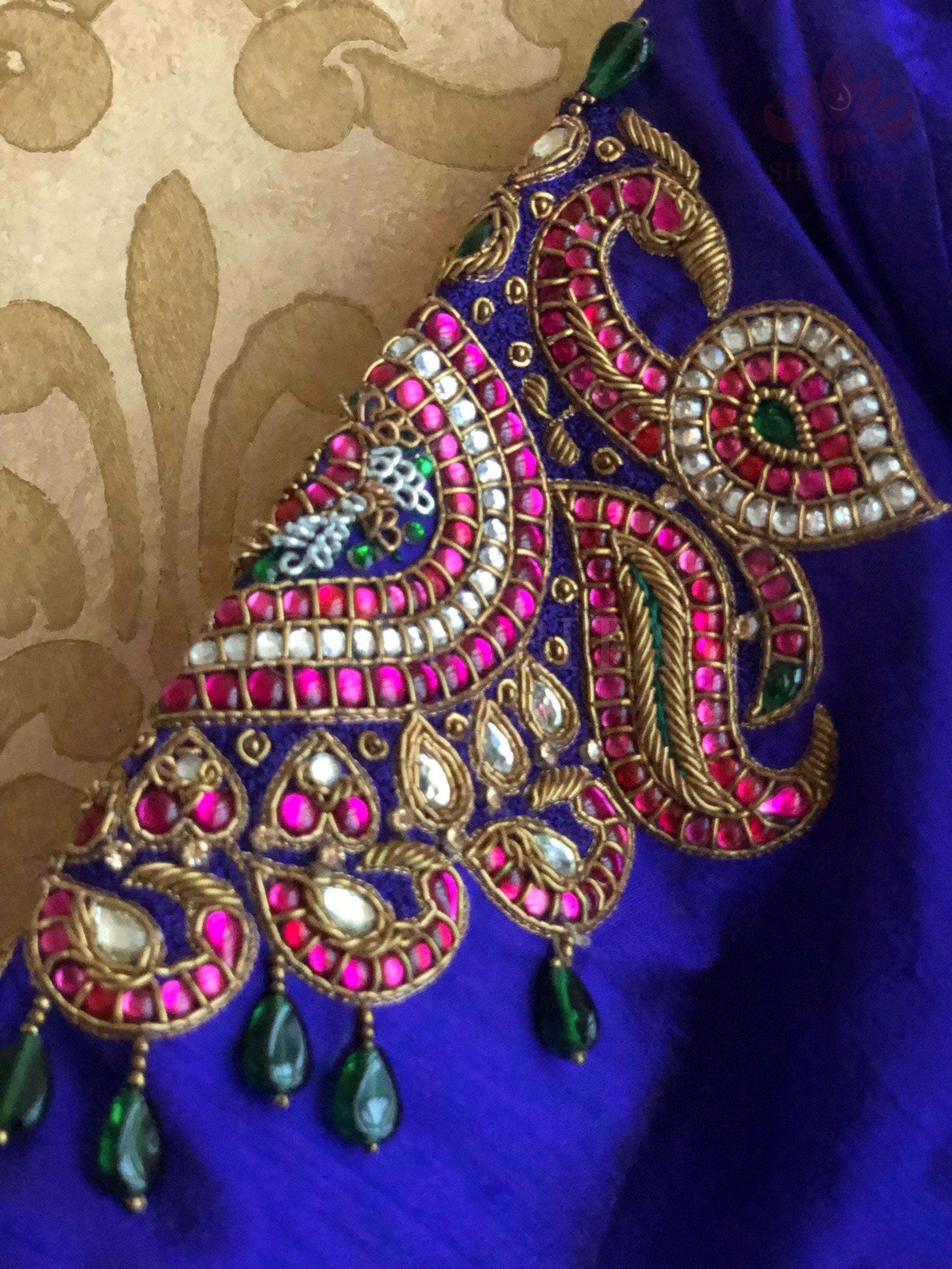 Made to Order: Temple Jewelry Style Jadau Blouse in Purple | Shobitam Blouse