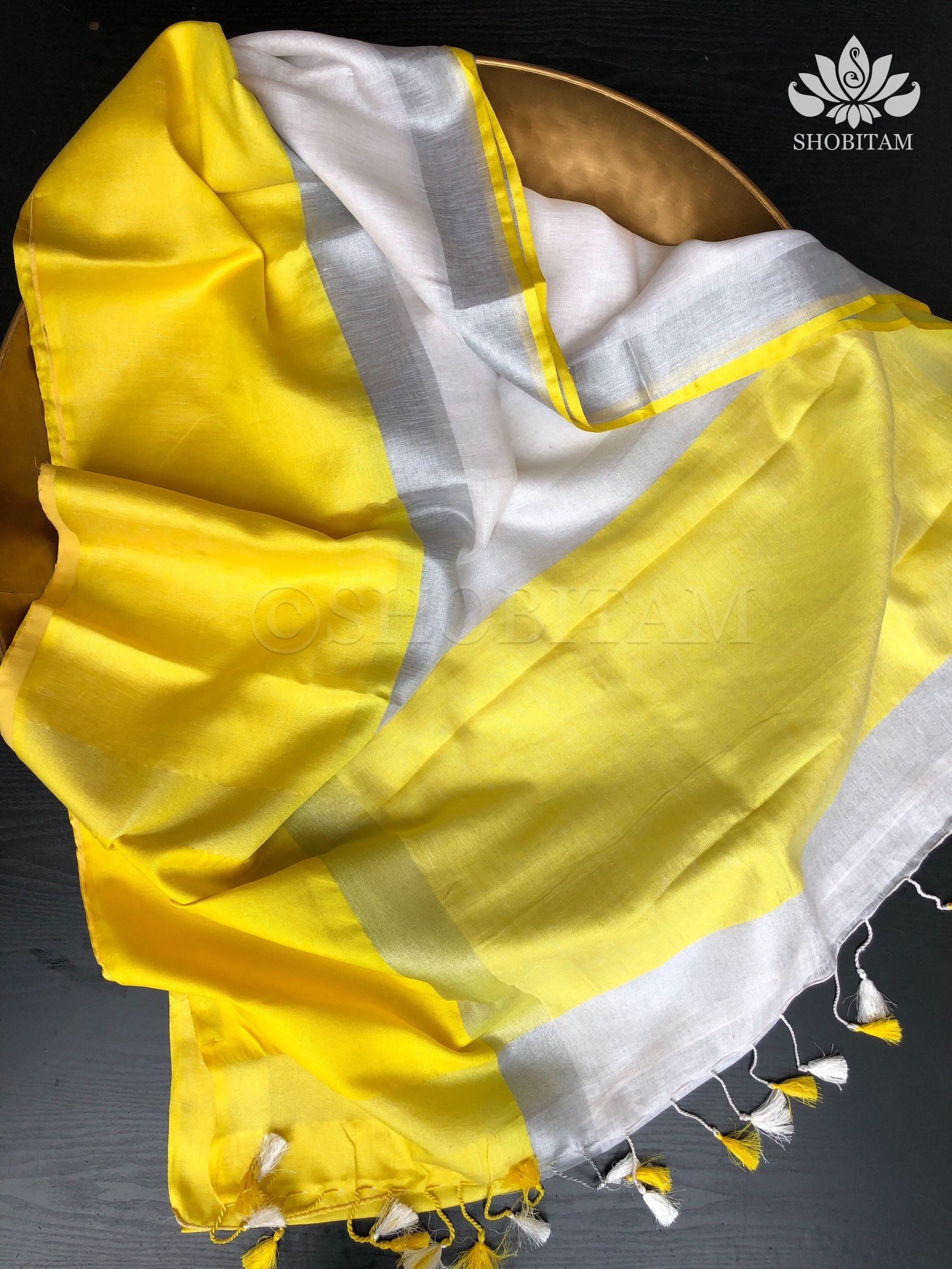 White and Yellow Wide Border Linen by Linen Saree | Shobitam