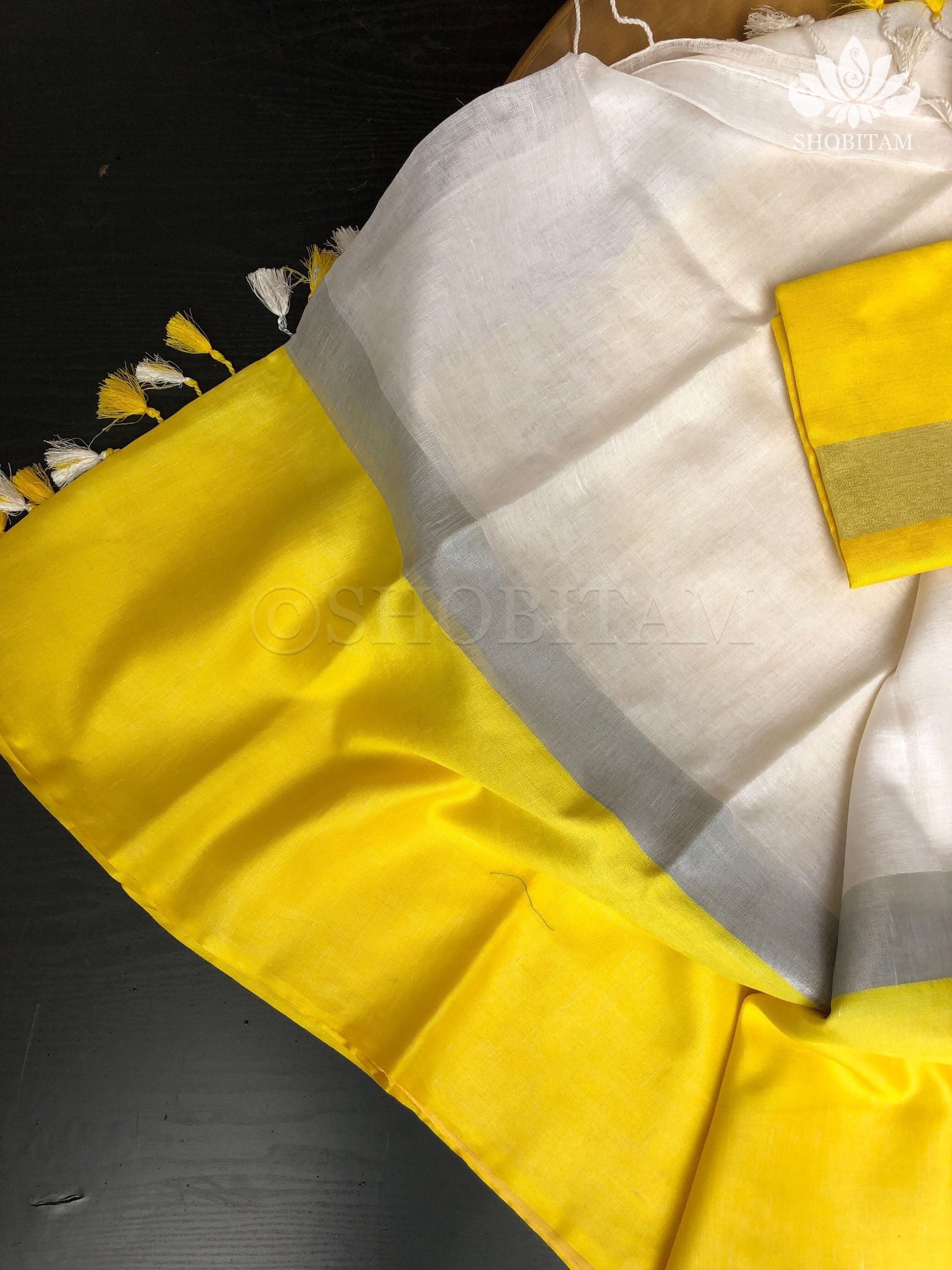 White and Yellow Wide Border Linen by Linen Saree | Shobitam