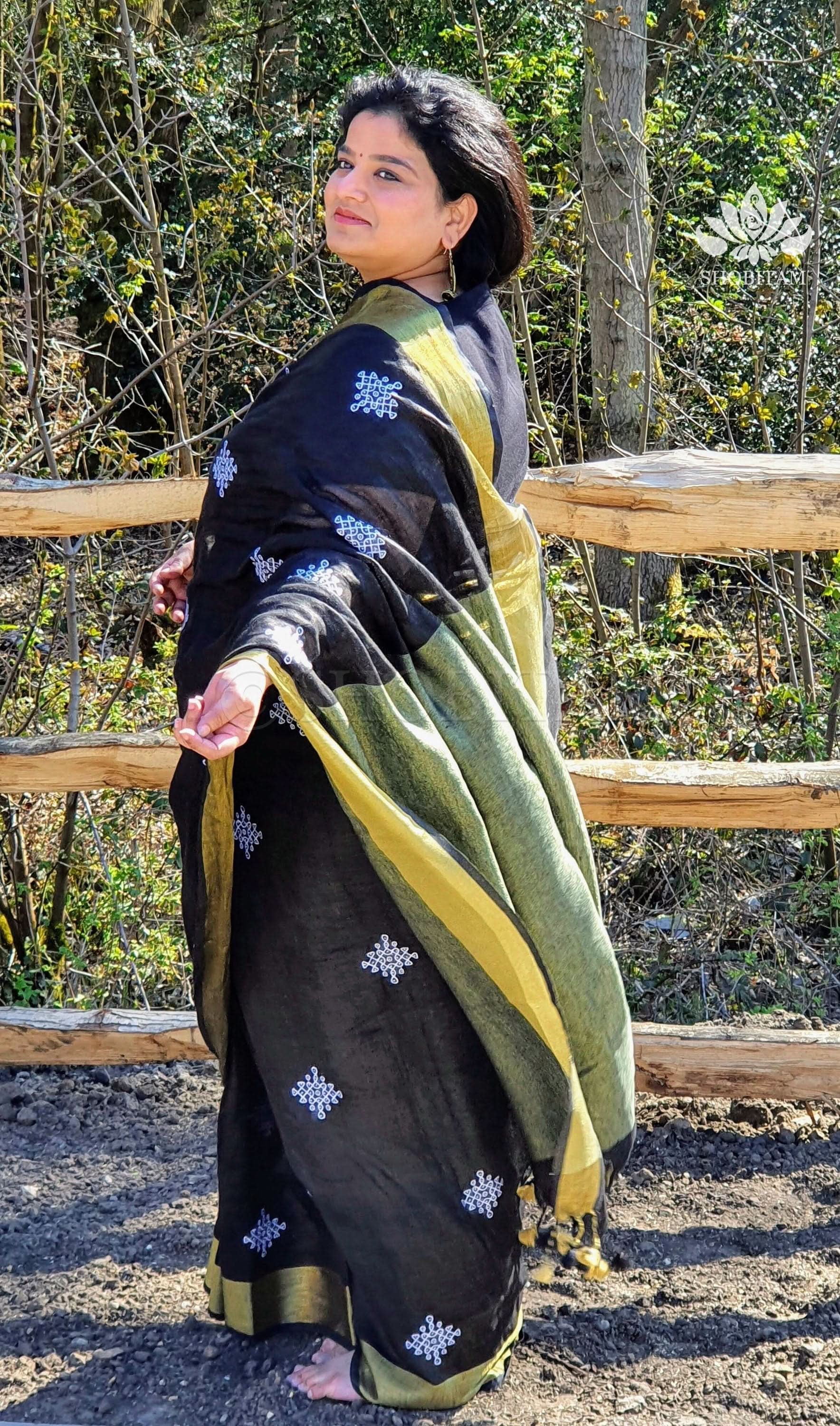 Black Linen by Linen Saree with Rangoli Embroidery | Shobitam