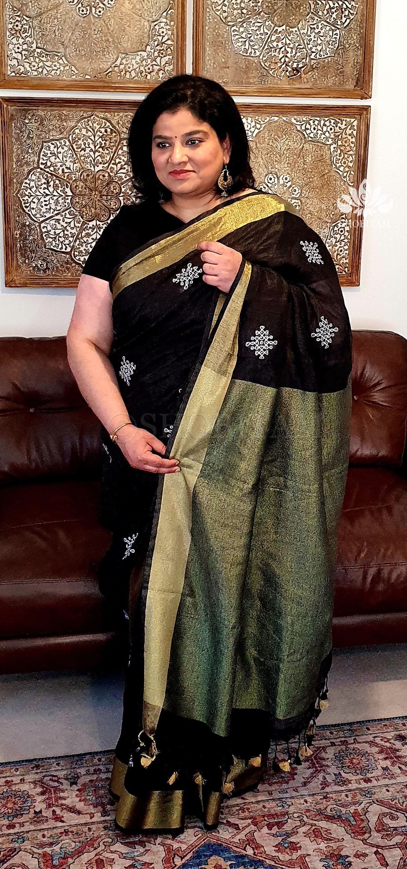 Black Linen by Linen Saree with Rangoli Embroidery | Shobitam