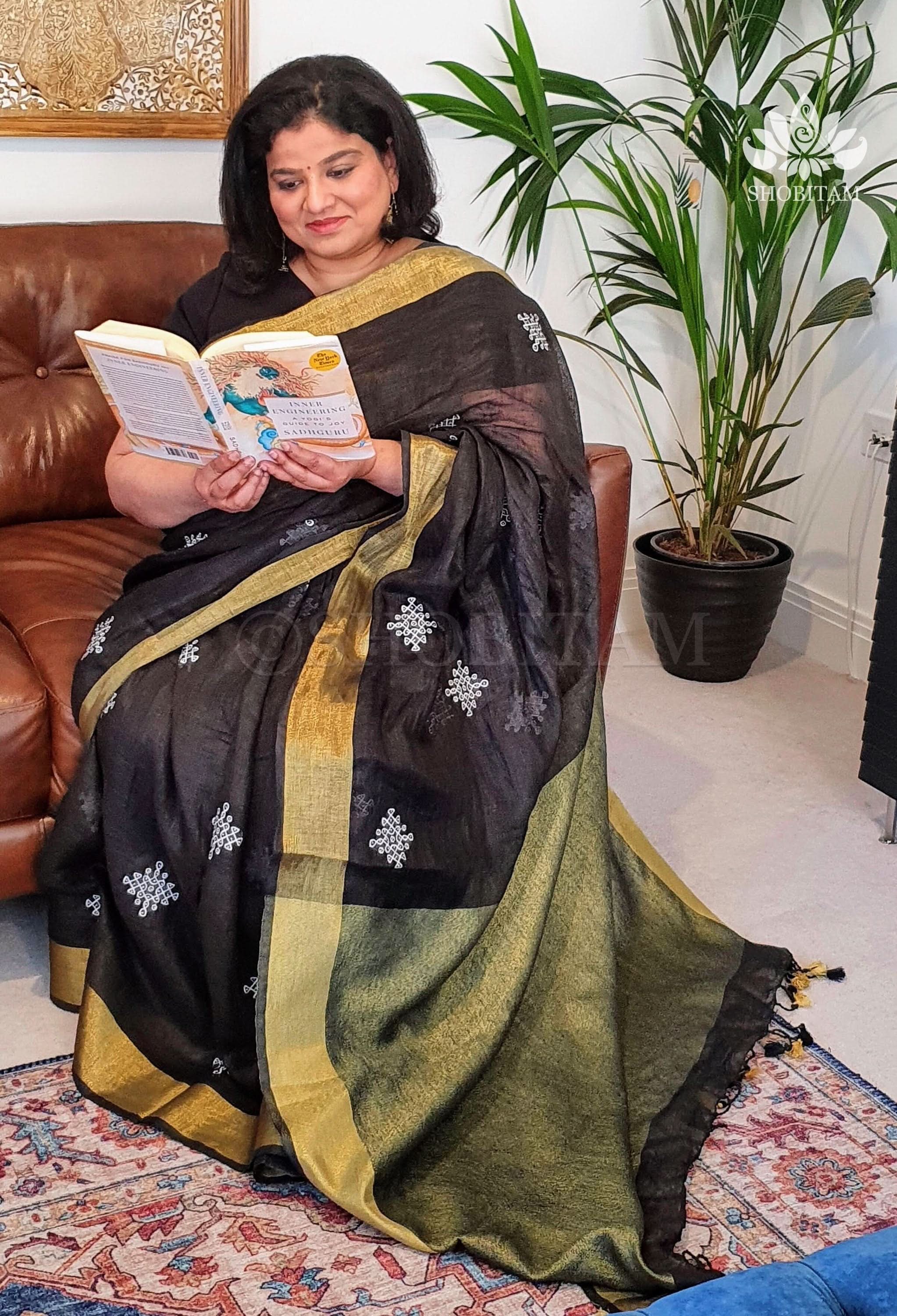 Black Linen by Linen Saree with Rangoli Embroidery | Shobitam