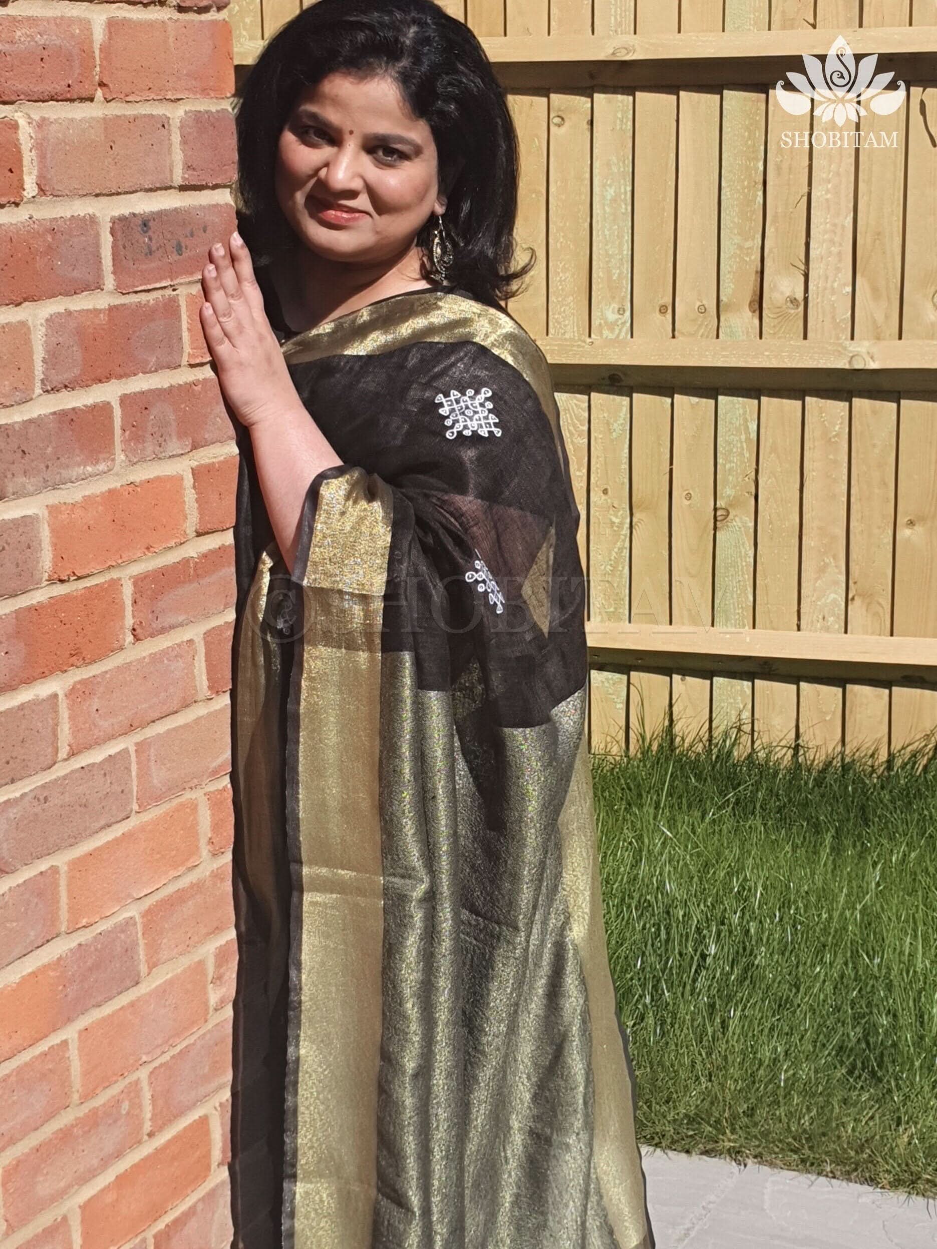 Black Linen by Linen Saree with Rangoli Embroidery | Shobitam