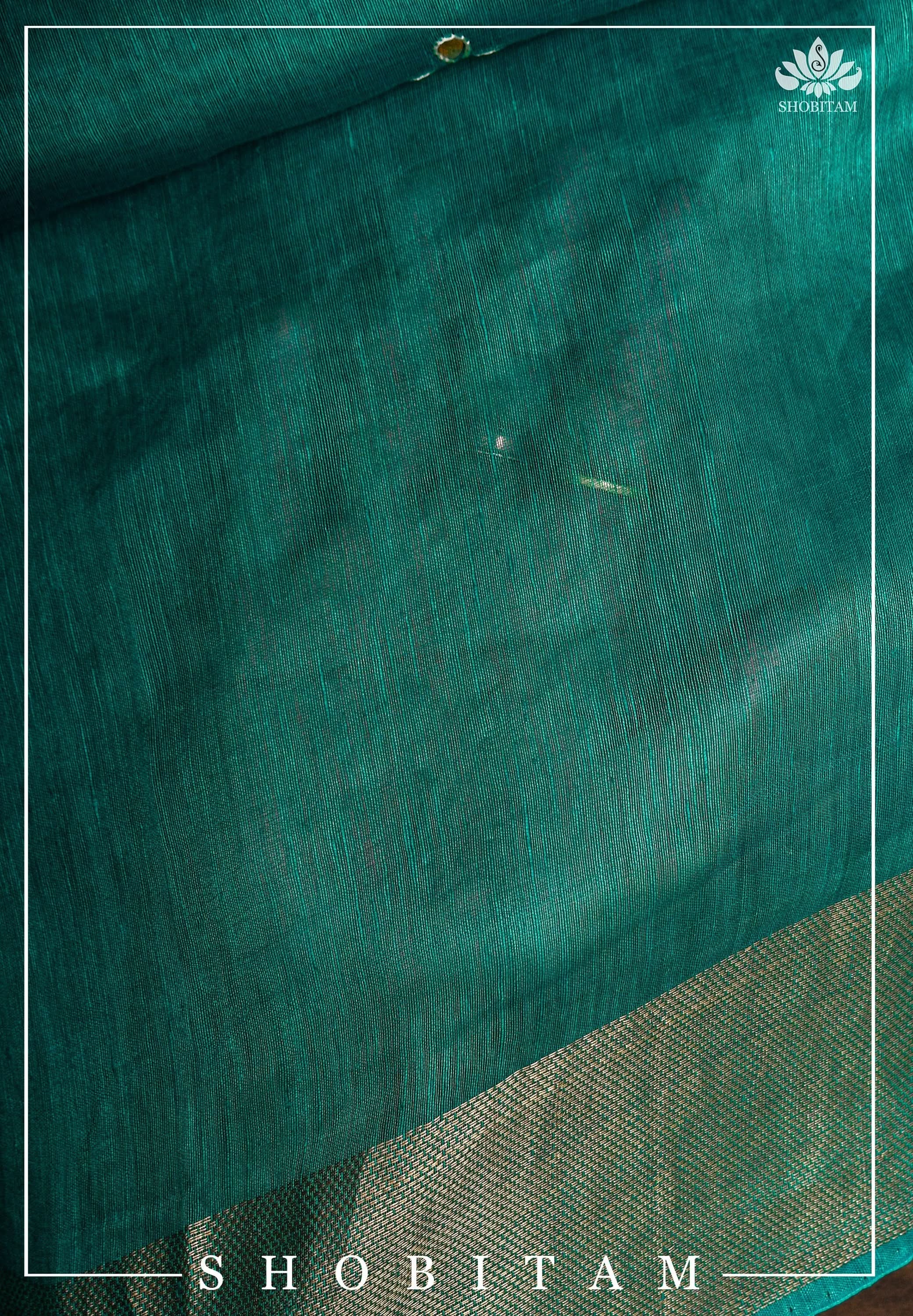 Teal Silk Linen Saree with Embroidery | Shobitam Saree