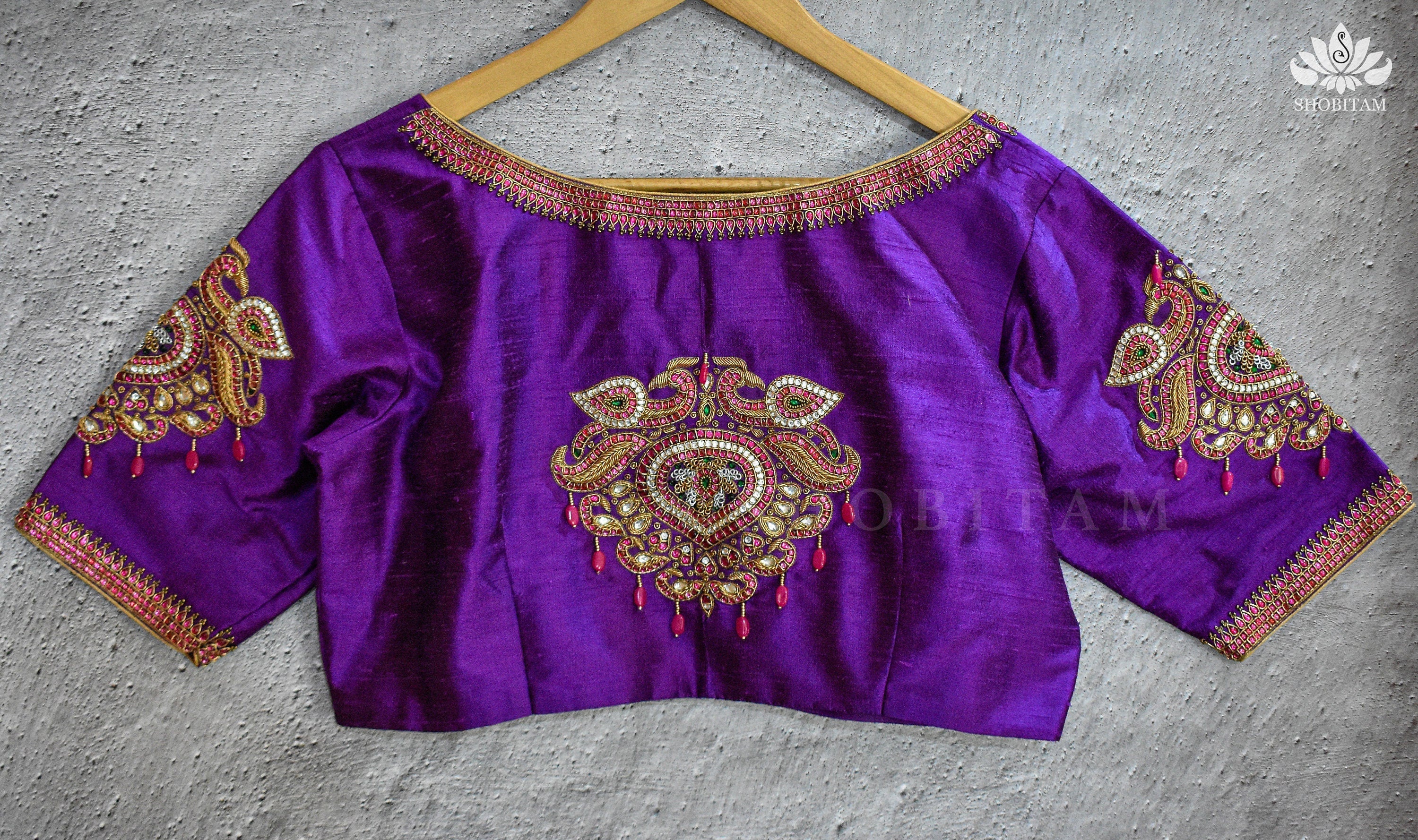 Made to order Temple Jewelry Style Jadau Blouse in Violet | Shobitam Blouse