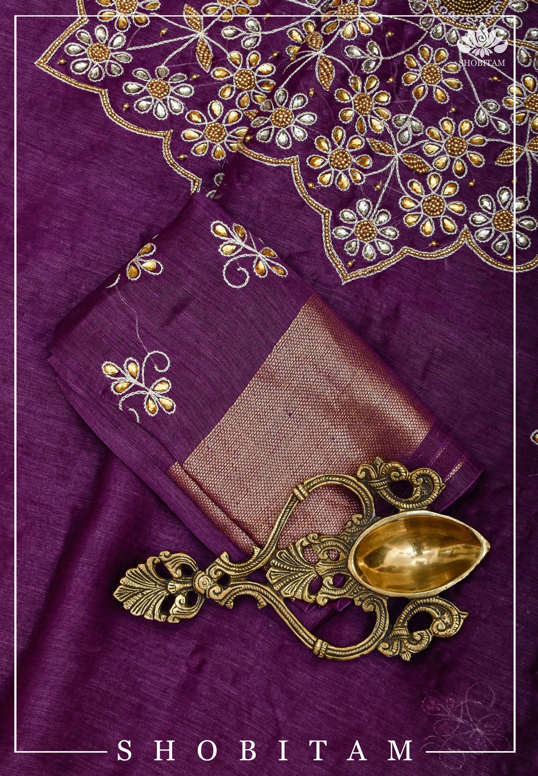 Purple Silk Linen Saree with Embroidery | Shobitam