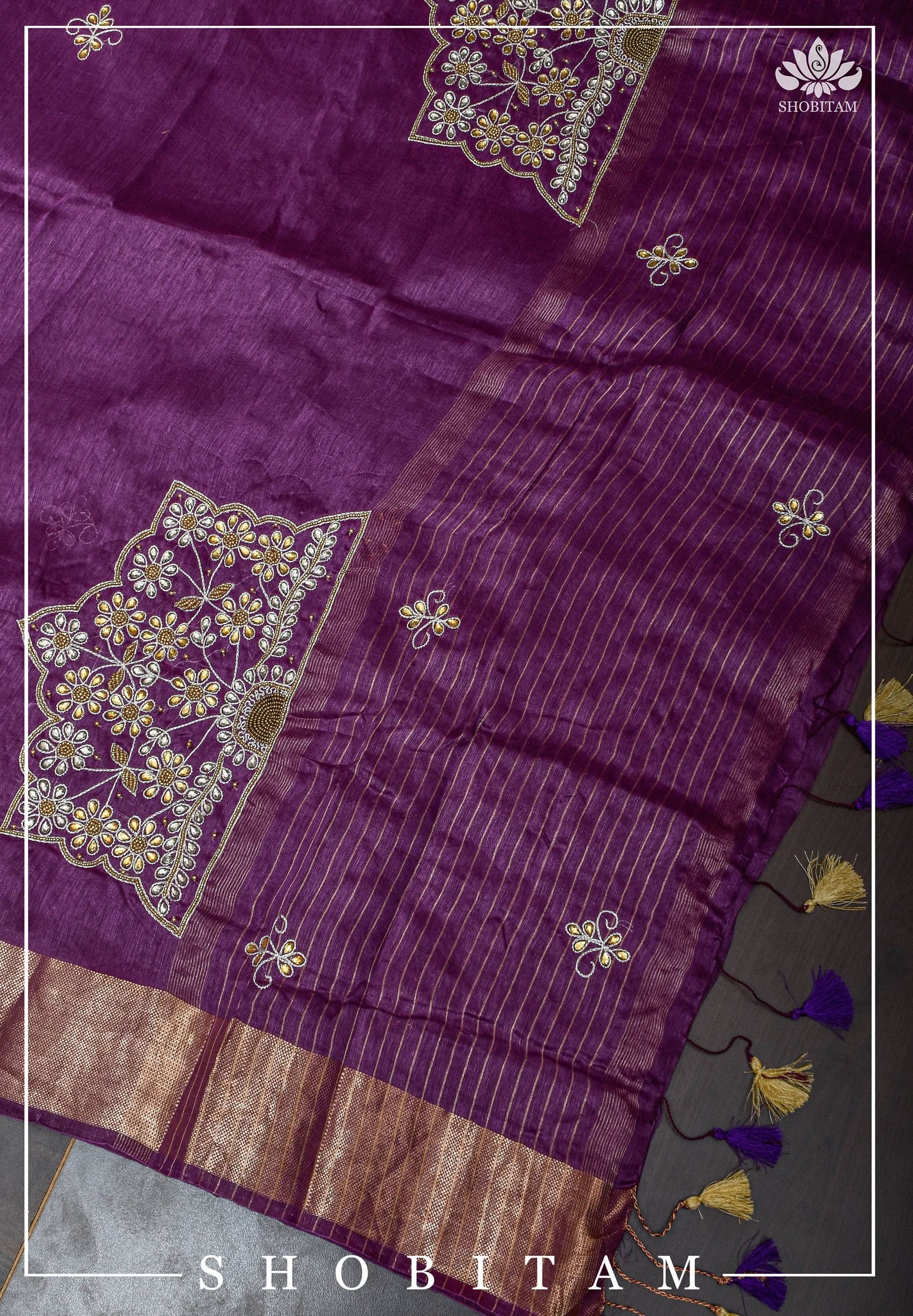 Purple Silk Linen Saree with Embroidery | Shobitam