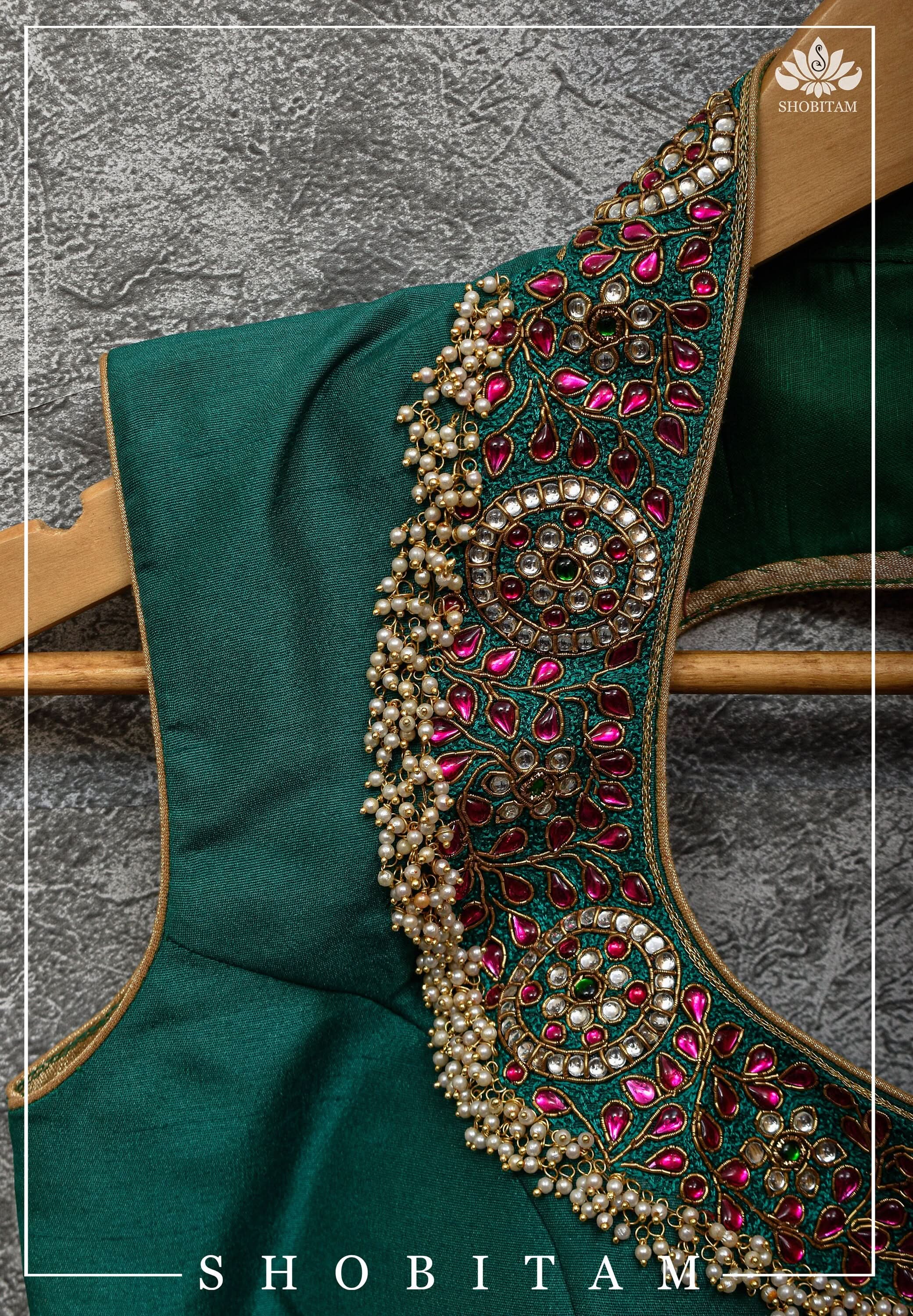 Made to Order: Necklace Design Jadau Ornamental Sleeveless Blouse in Green Raw SIlk | Shobitam Blouse