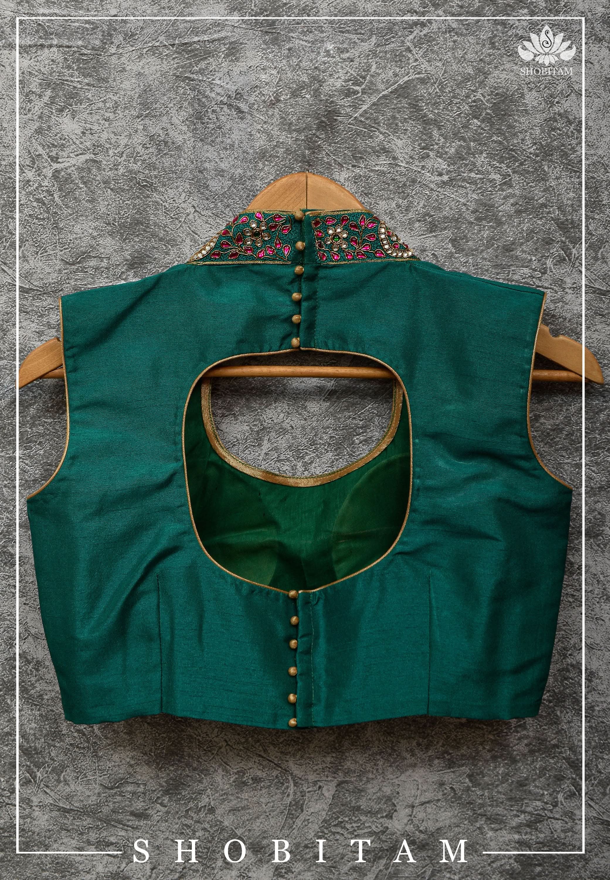Made to Order: Necklace Design Jadau Ornamental Sleeveless Blouse in Green Raw SIlk | Shobitam Blouse