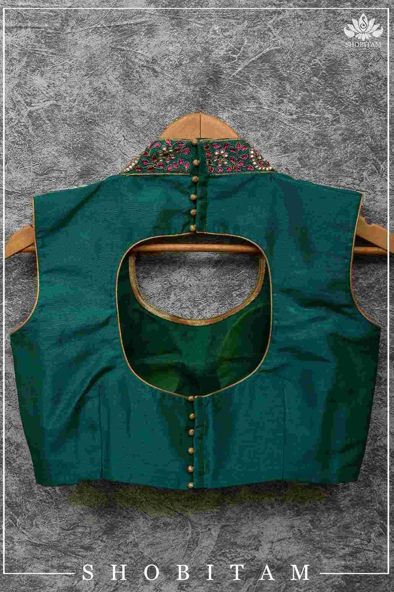 Made to Order: Necklace Design Jadau Ornamental Sleeveless Blouse in Green Raw SIlk | Shobitam Blouse