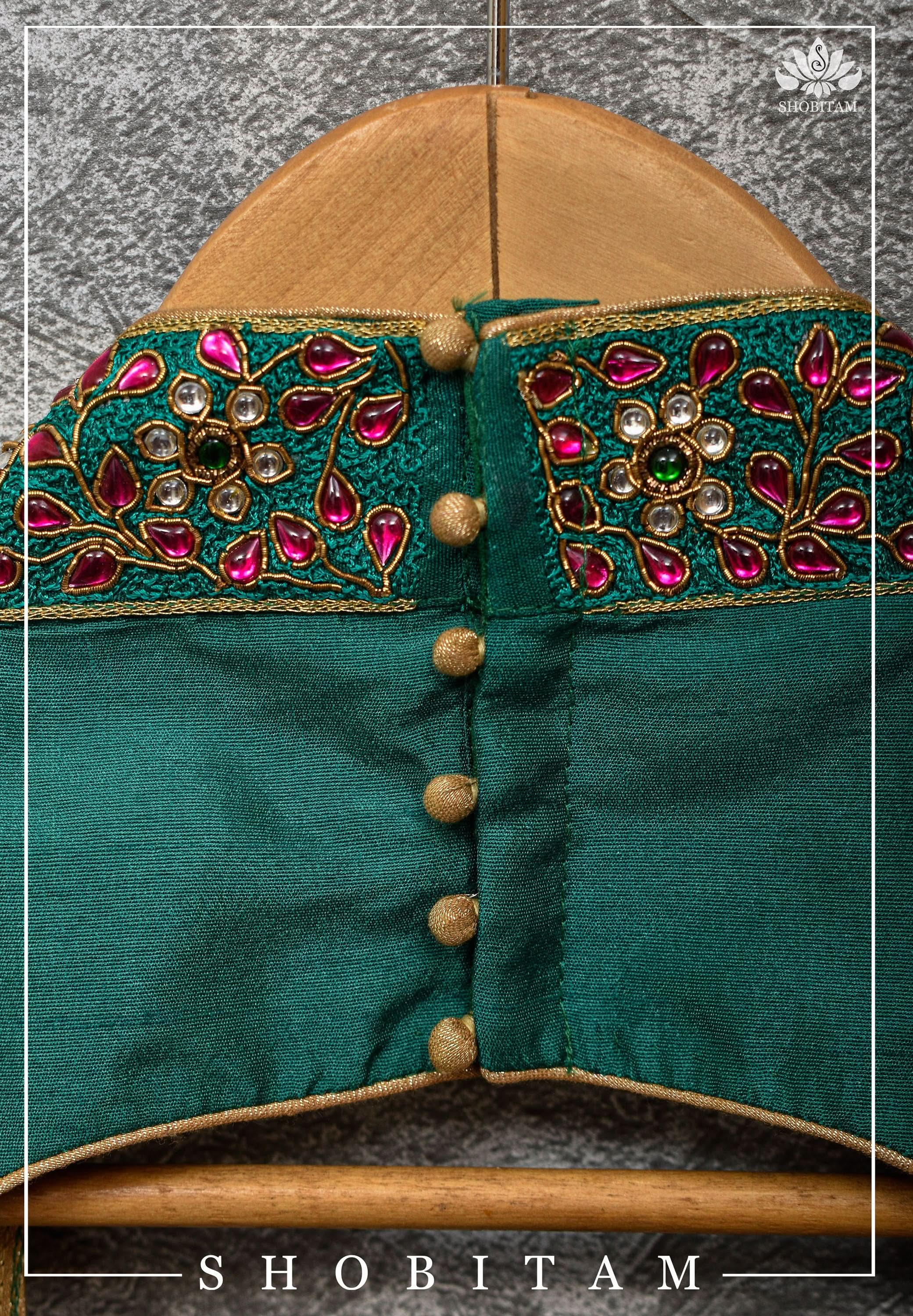 Made to Order: Necklace Design Jadau Ornamental Sleeveless Blouse in Green Raw SIlk | Shobitam Blouse