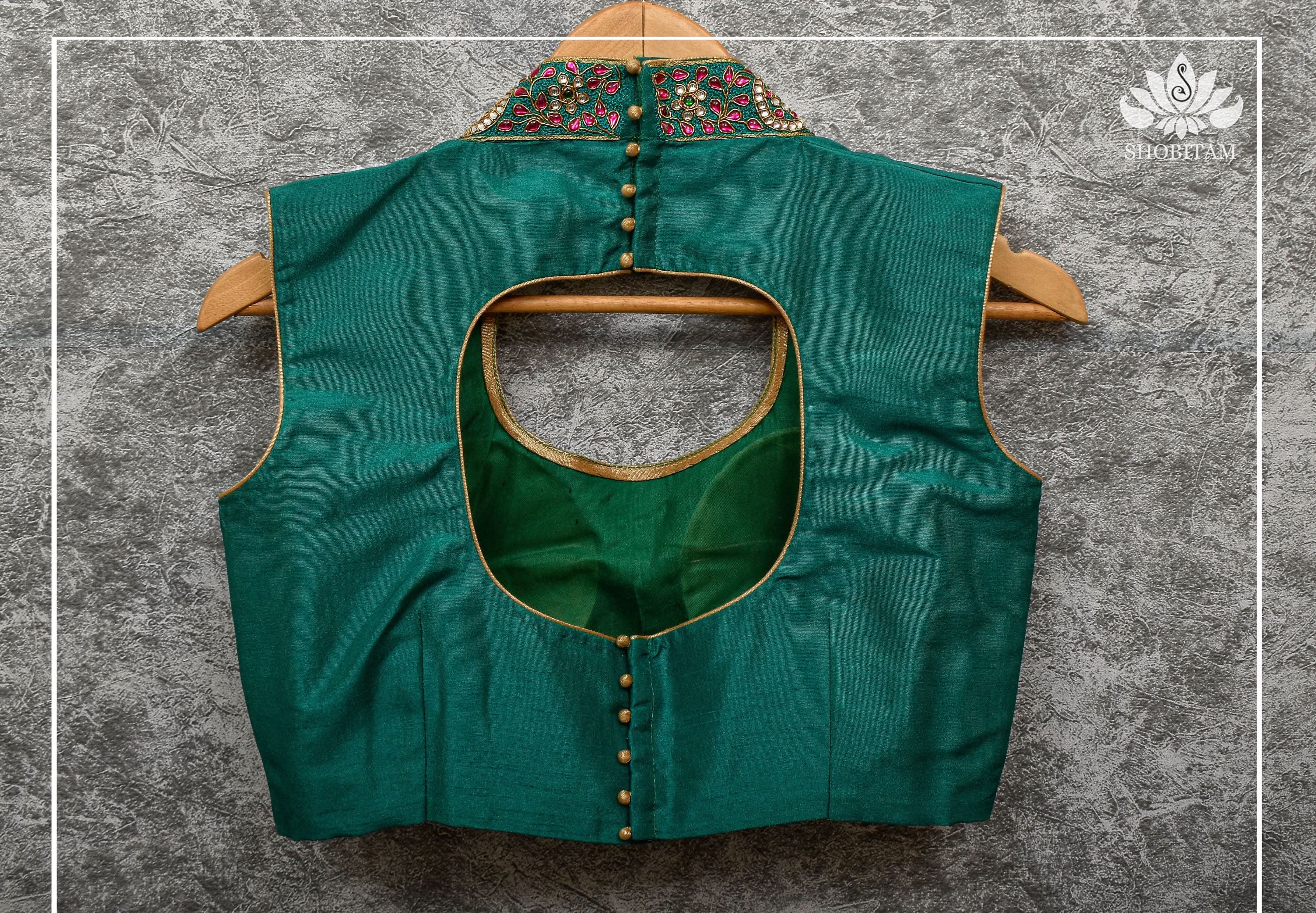 Made to Order: Necklace Design Jadau Ornamental Sleeveless Blouse in Green Raw SIlk | Shobitam Blouse