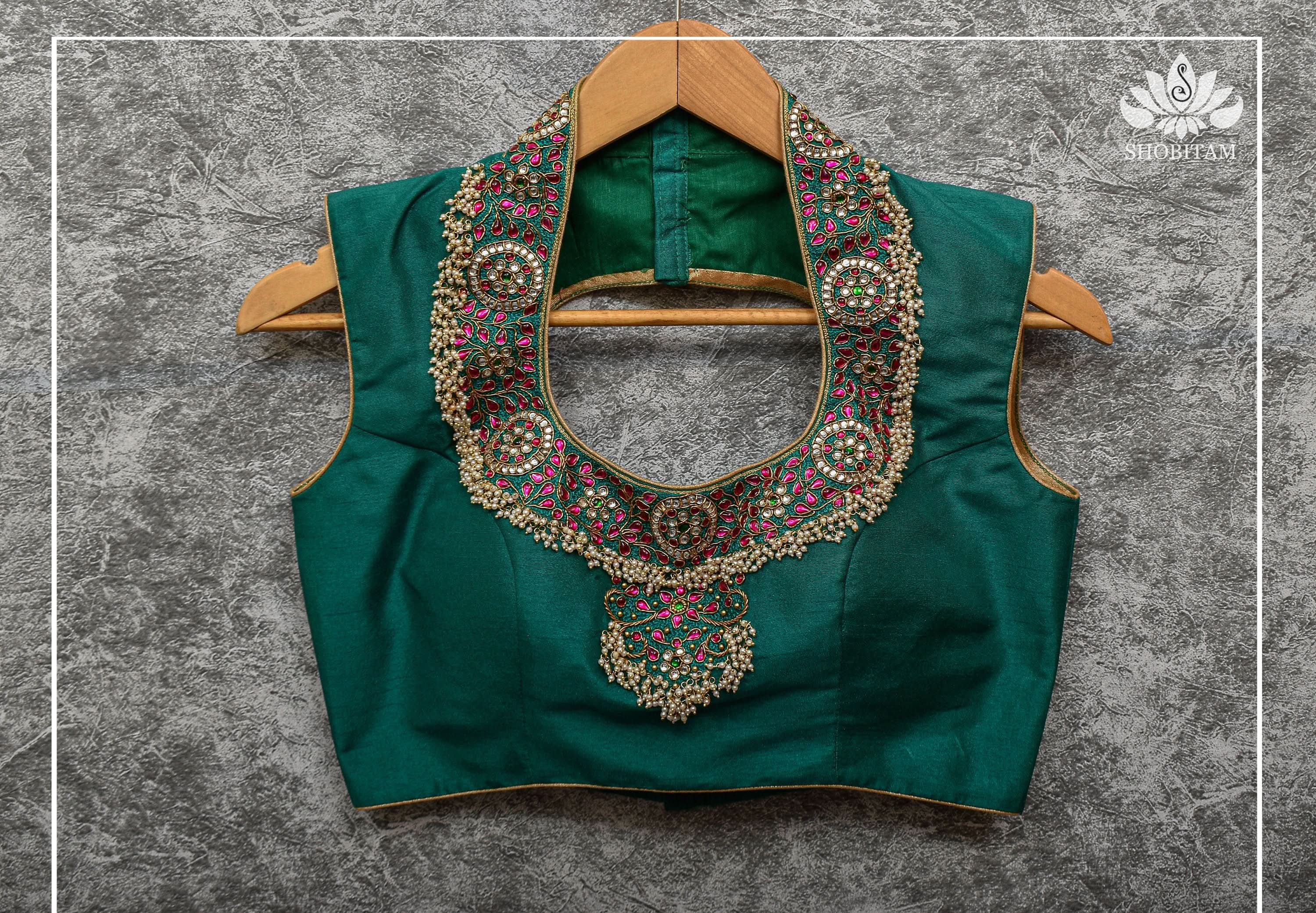 Made to Order: Necklace Design Jadau Ornamental Sleeveless Blouse in Green Raw SIlk | Shobitam Blouse