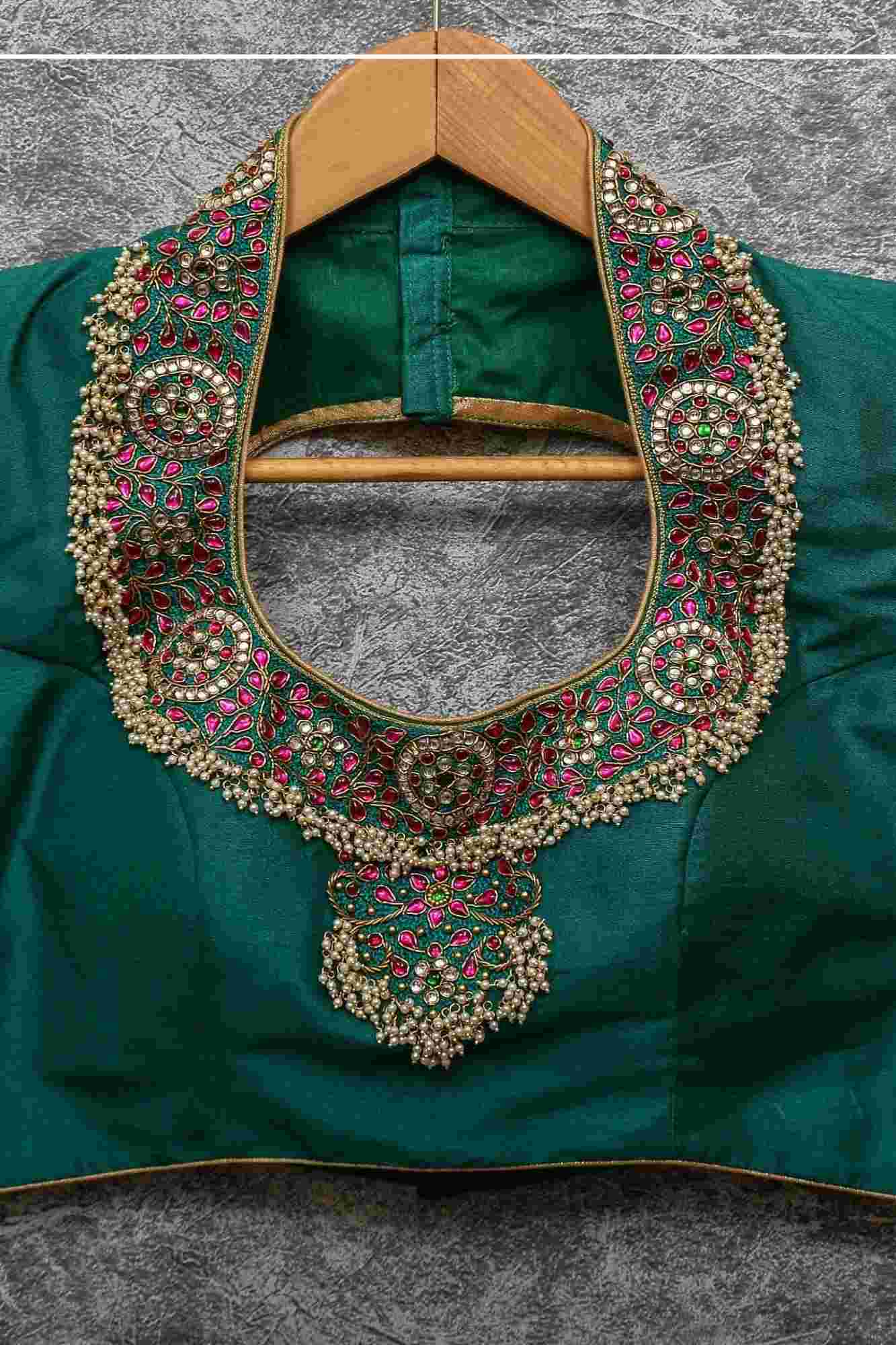 Made to Order: Necklace Design Jadau Ornamental Sleeveless Blouse in Green Raw SIlk | Shobitam Blouse