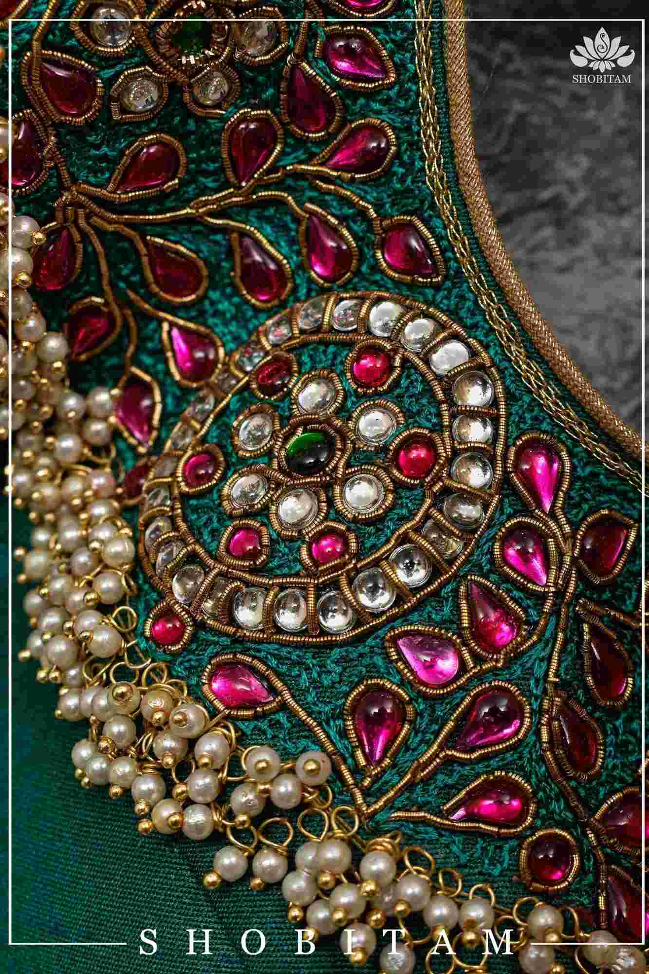 Made to Order: Necklace Design Jadau Ornamental Sleeveless Blouse in Green Raw SIlk | Shobitam Blouse