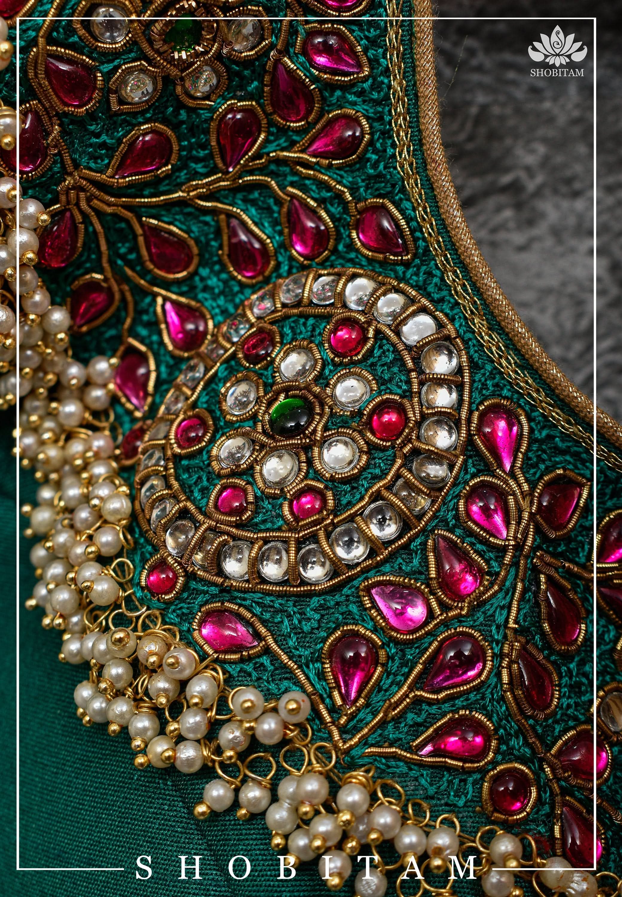 Made to Order: Necklace Design Jadau Ornamental Sleeveless Blouse in Green Raw SIlk | Shobitam Blouse
