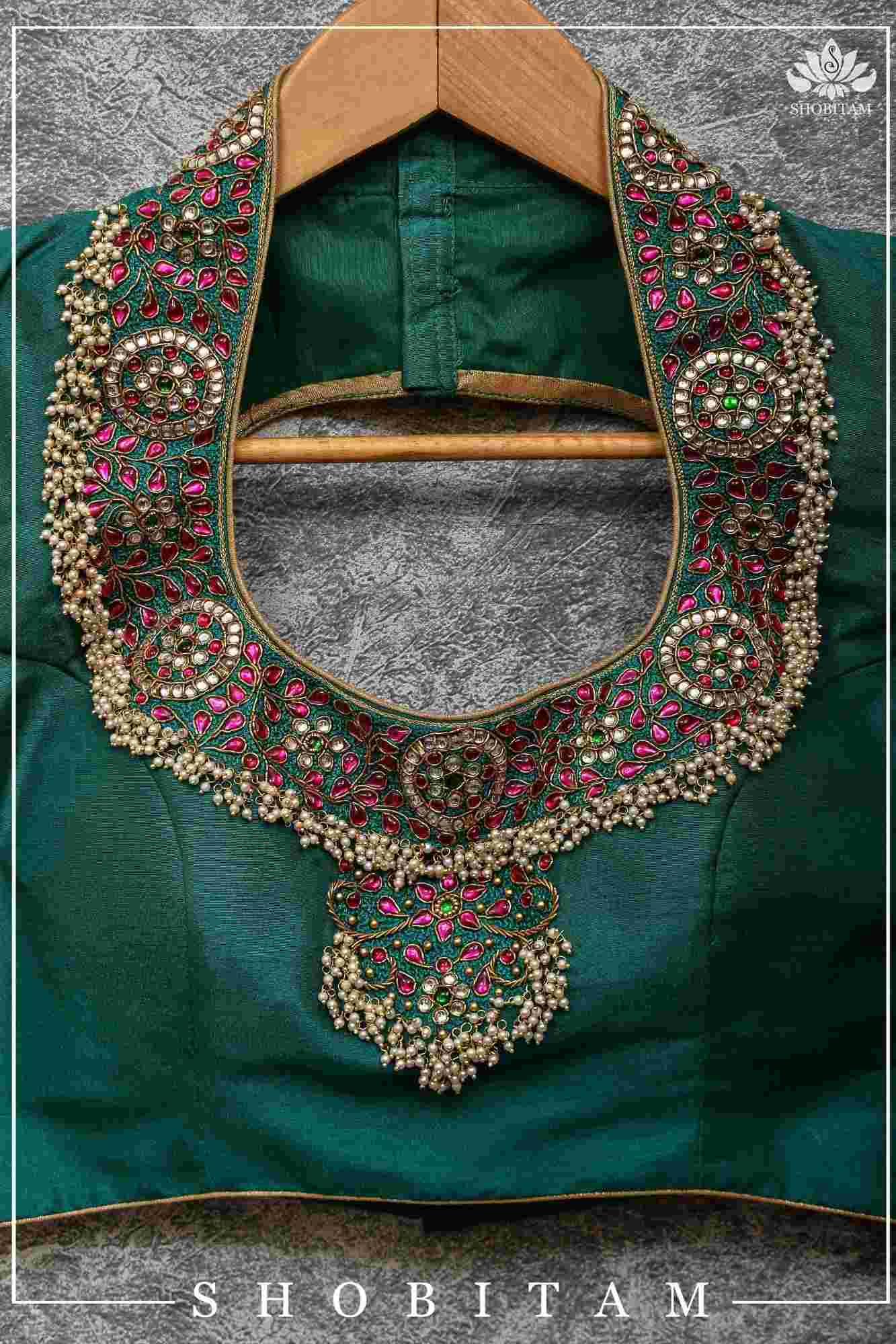 Made to Order: Necklace Design Jadau Ornamental Sleeveless Blouse in Green Raw SIlk | Shobitam Blouse